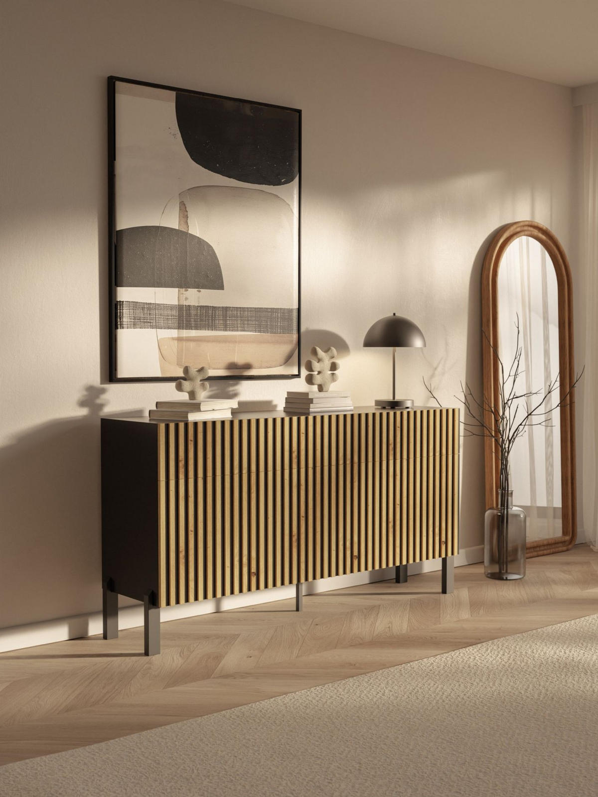 SIDEBOARD Telire 3-türig Schwarz / Artisan Eiche-Optik, 154 cm - Schwarz, Holzwerkstoff/Metall (154/80.4/34cm) - Selsey