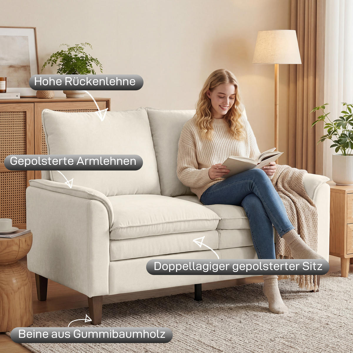 2-SITZER-SOFA DE-06580 mit doppellagiger Polsterung & Federkissen Creme - Creme, Textil/Metall (146/95/84cm) - ComfortXL