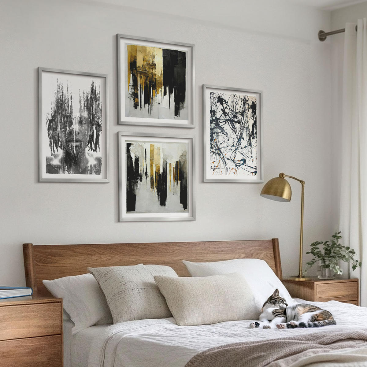 BILDER SET 4er Set - 50x50 cm & 40x60 cm Silberner Rahmen - Kontrastierende abstrakte Porträts - Silberfarben, Kunststoff (50/50cm) - TULUP