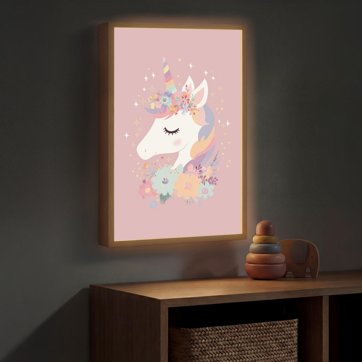 DOBÍJECÍ NOČNÍ LAMPIČKA Jednorožec - růžová - květiny 40x60 cm - růžová, kompozitní dřevo (8/40/60cm) - OnlyWow