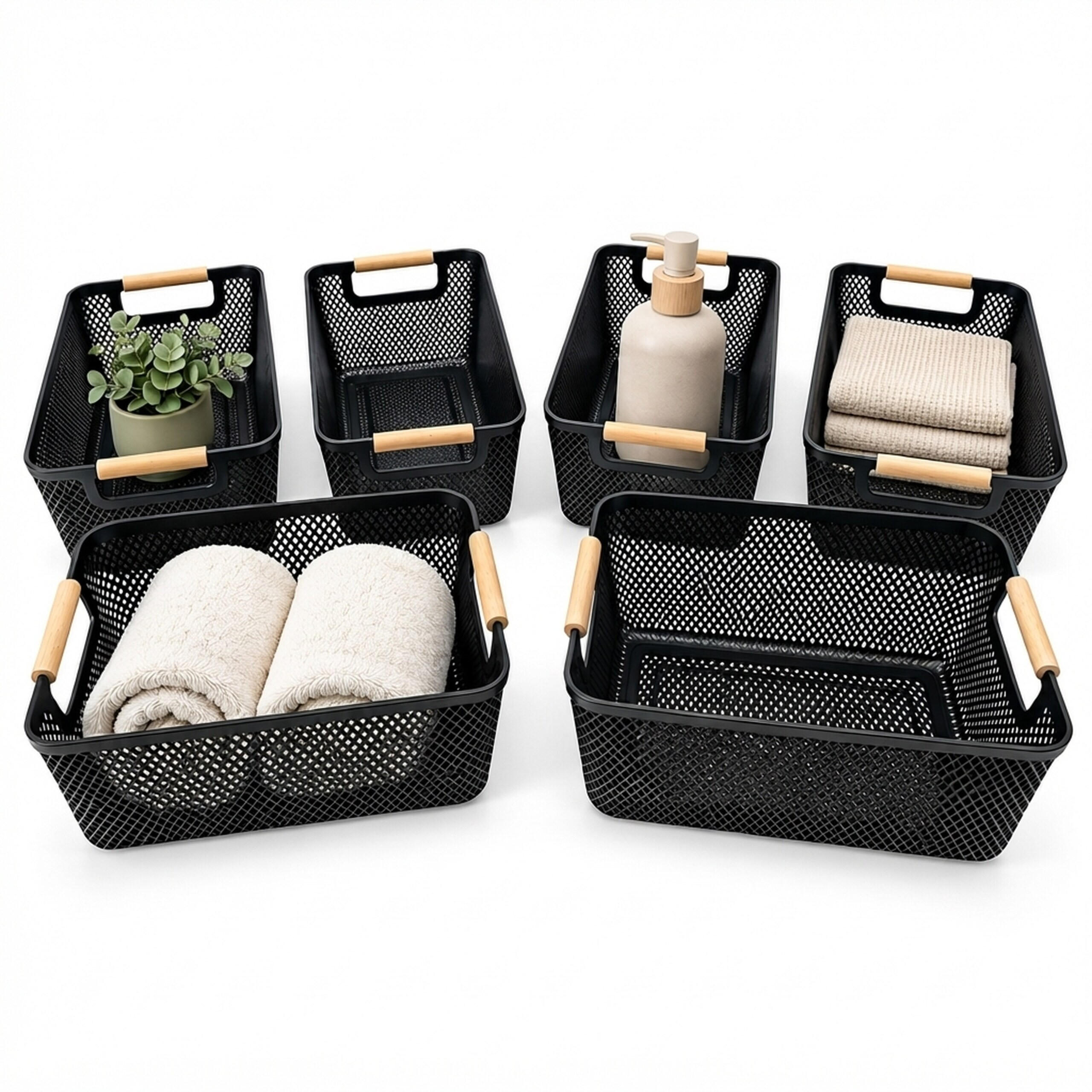 KOŠ Černá 6dílná-sada plast dřevěná madla velikost M - černá, dřevo/plast (19.5/32/16cm) - Relaxdays