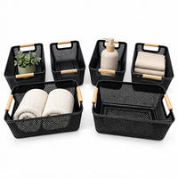 FÖRVARINGSKORG Svart 6-pack plast trähandtag storlek M - Svart, Trä/Plast (19.5/32/16cm) - Relaxdays