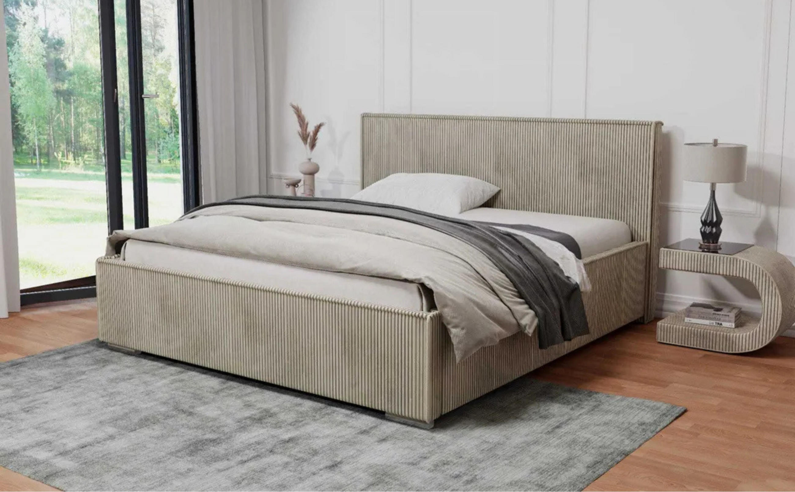 POLSTERBETT LUIS mit Kopfteil, 200 x 200 cm, Doppelbett mit Bettkasten und Lattenrost aus Metall, Cordstoff: Beige - Beige, Holz/Textil (200/200cm) - Agmat-Furniture