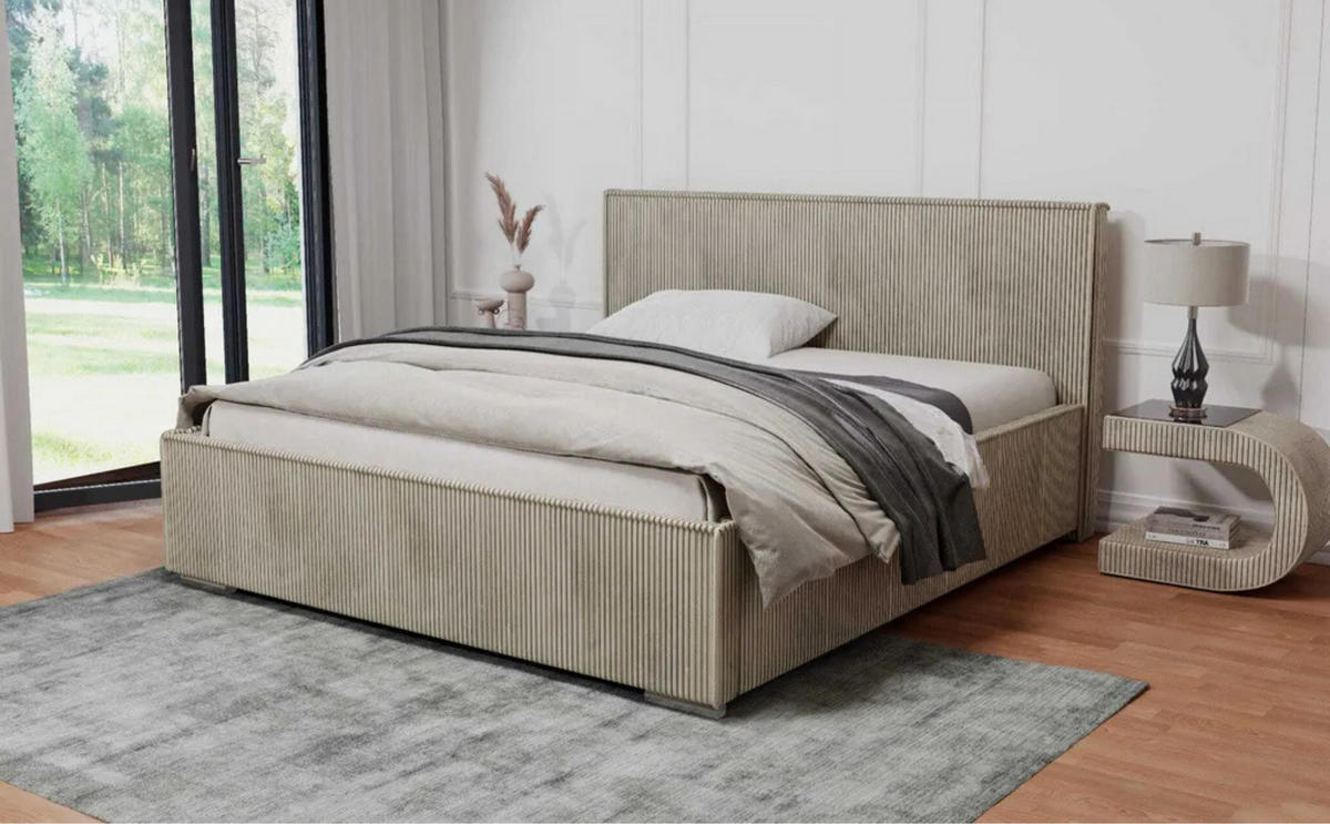 POLSTERBETT LUIS mit Kopfteil, 180 x 200 cm, Doppelbett mit Bettkasten und Lattenrost aus Metall, Cordstoff: Beige - Beige, Holz/Textil (180/200cm) - Agmat-Furniture