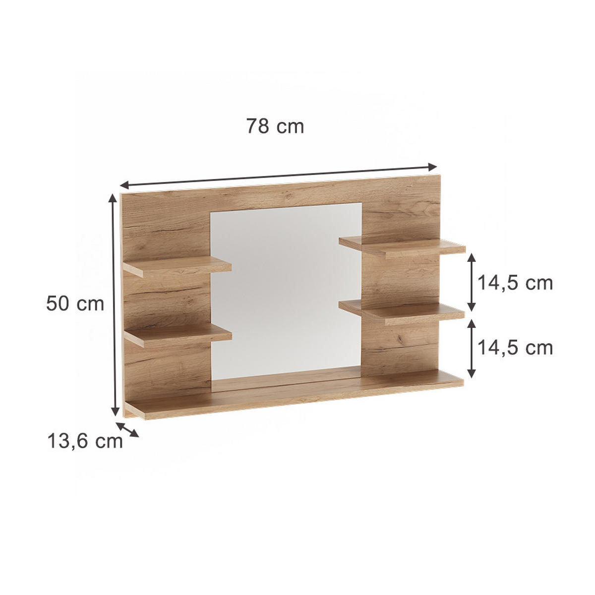 BADSPIEGELSCHRANK Wilbur Goldkraft Eiche 78 x 50 cm mit Regalen - Eiche Wotan, Holzwerkstoff (78/50/13.6cm) - Vicco