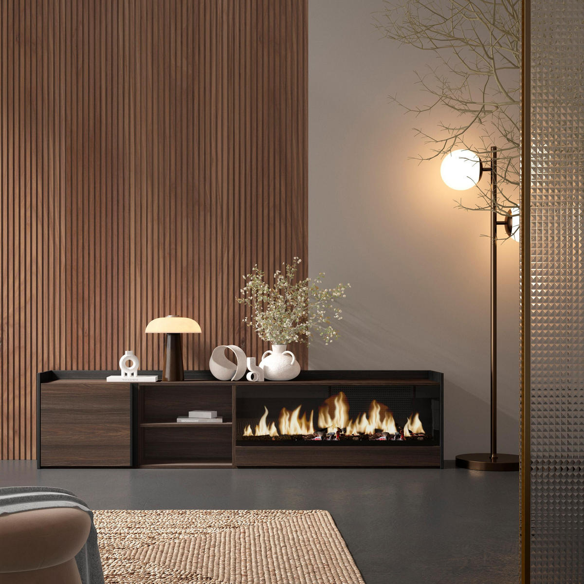 LOWBOARD, Dunkler Eiche und Schwarz, 212/35/50cm, Kamin mit Feuereffekt XXL - Dunkelbraun, Holzwerkstoff (212/50/35cm) - Skraut Home