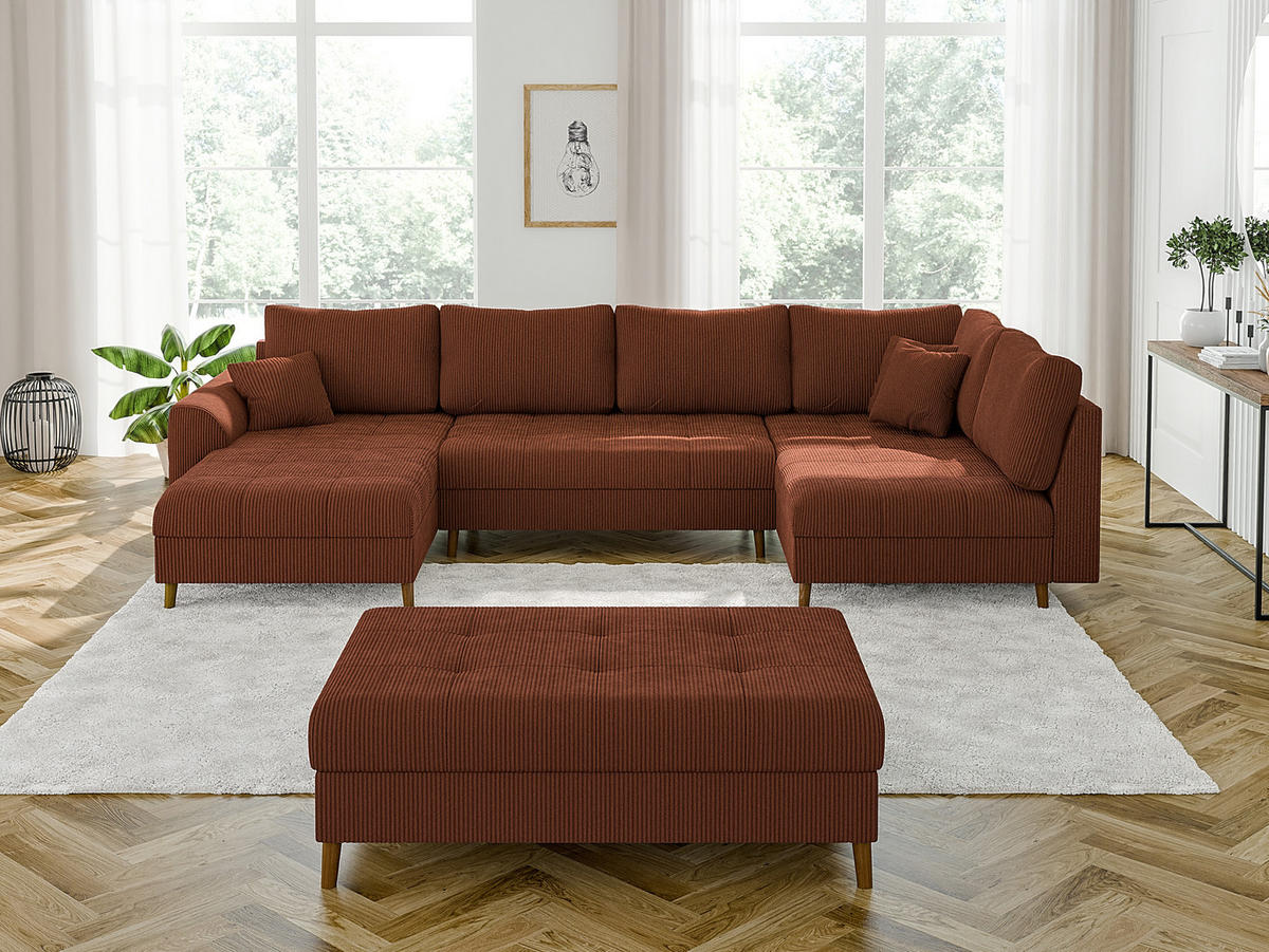 WOHNLANDSCHAFT inkl. Hocker Alma Terrakotta Cord - Terra cotta/Braun, Holz/Textil (310/81/161cm) - S-Style Möbel