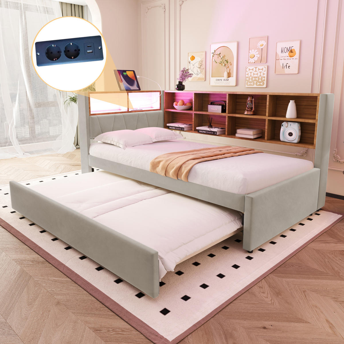 POLSTERBETT 90x200 cm LED USB hellgrau - Hellgrau, Textil (90/200cm) - Fortuna Lai