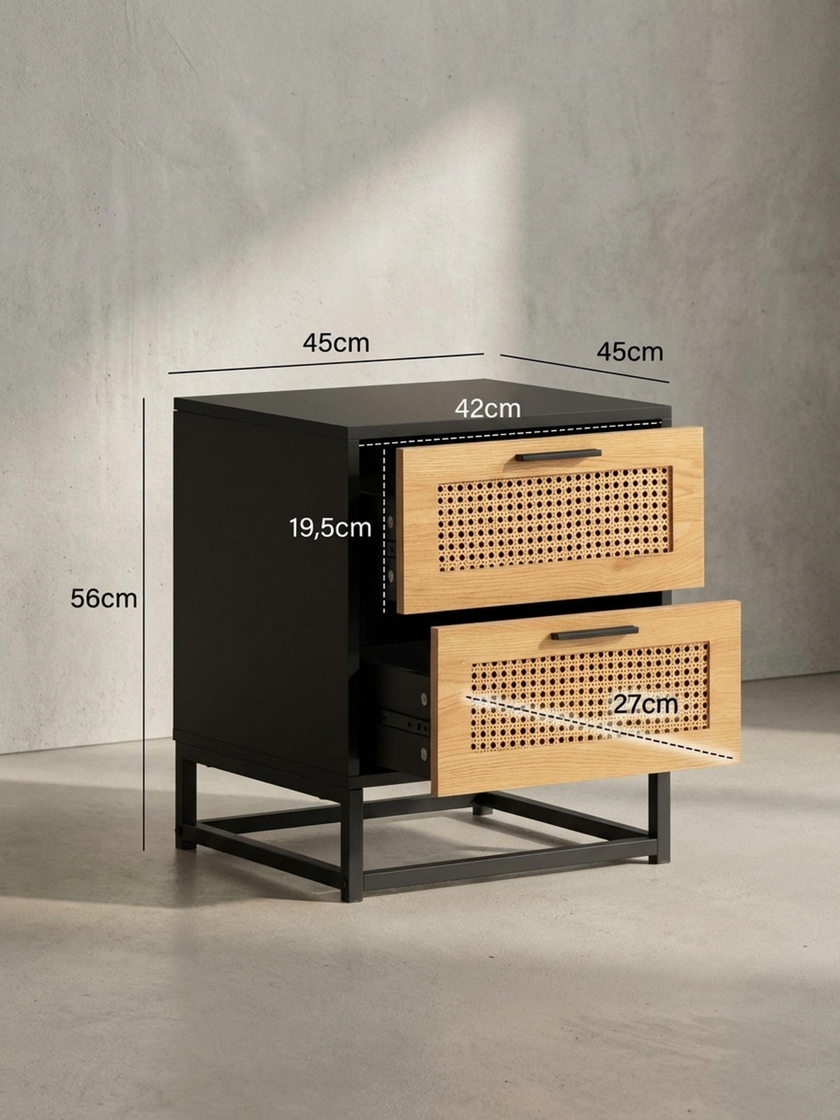 NACHTTISCH – Schwarz/Wiener Geflecht, 45x45x56 cm, Schubladen, zeitlos - Schwarz, Holzwerkstoff/Metall (45/55/45cm) - KADIMA DESIGN