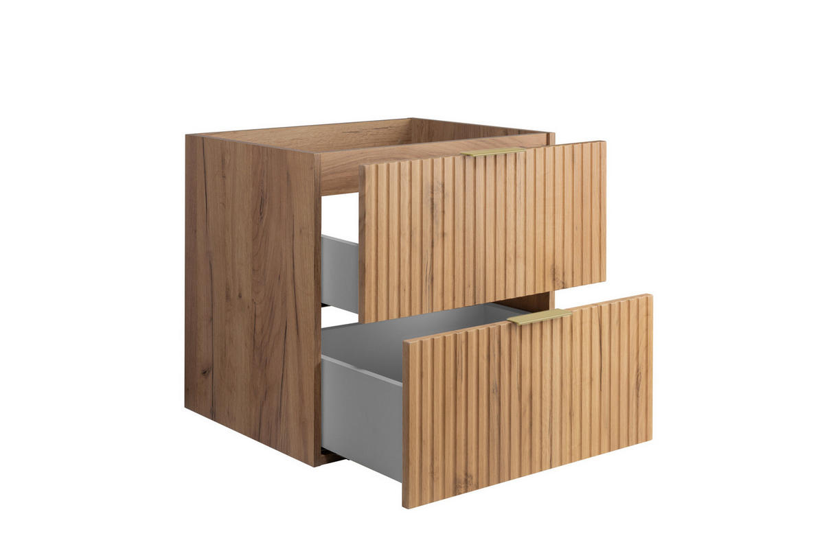 WASCHBECKUNTERSCHRANK, Eiche Craft, 60 x 57 x 46 cm, Griff Gold, ohne Arbeitsplatte - Eichefarben/Goldfarben, Holzwerkstoff (60/57/46cm) - 3XE LIVING