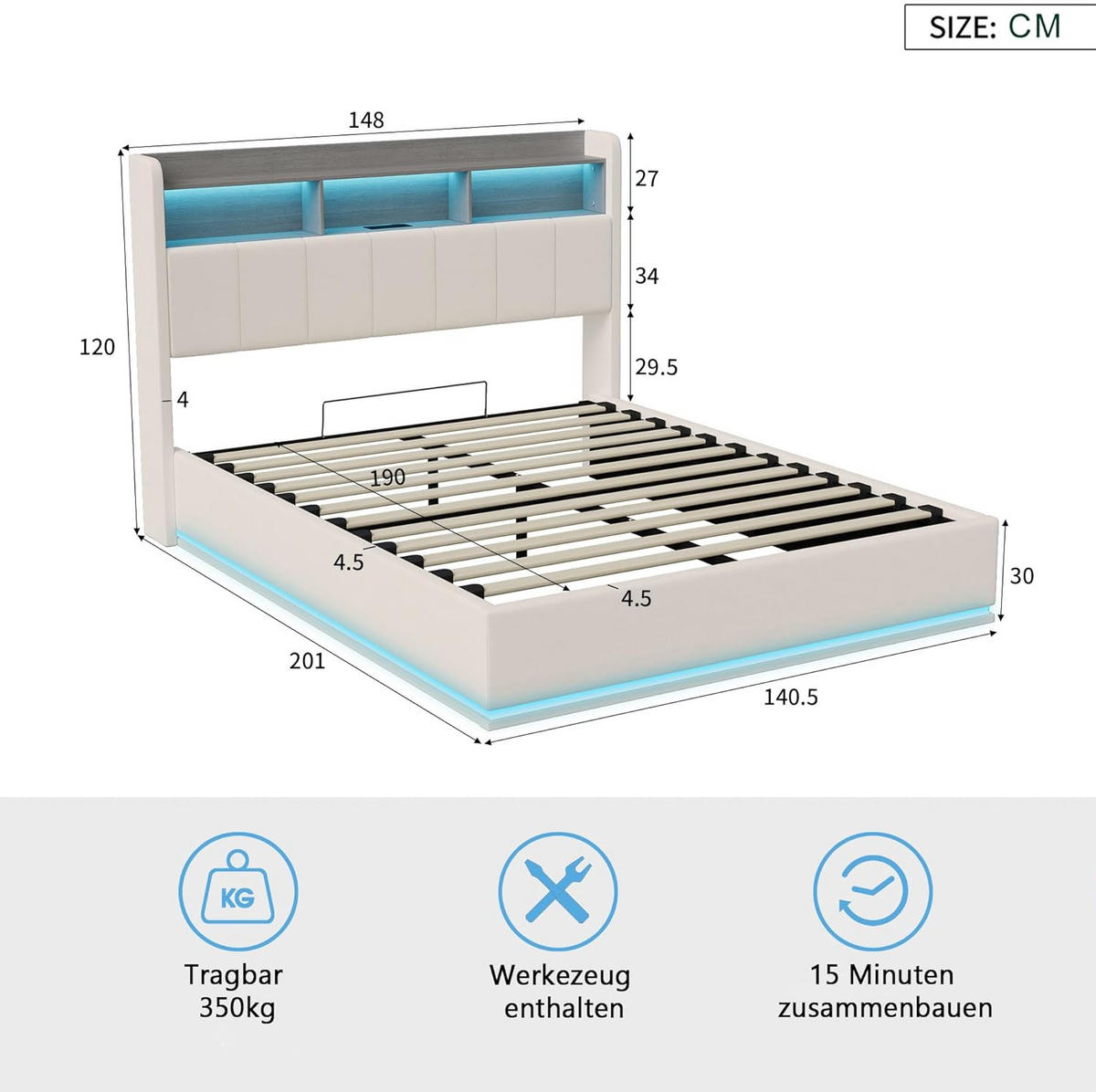 POLSTERBETT 140x190 cm LED Ablagefach Samt weiß - Weiß, Holz (140/190cm) - LEBENLANG