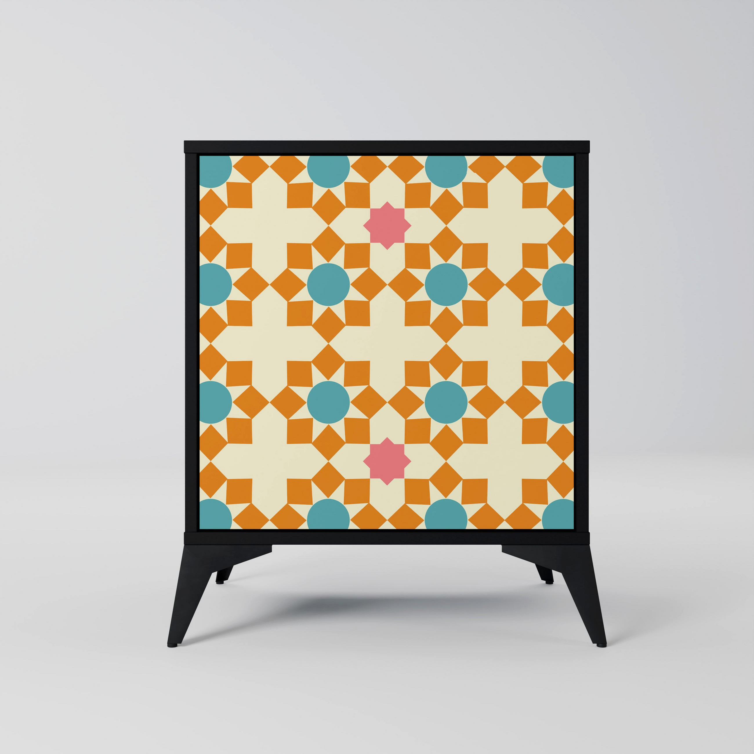 SIDEBOARD FLORAL DECOR, Schwarz, 57,5x42x70,5 cm, Schwarze Metall-Sternfüße - Multicolor/Schwarz, Holzwerkstoff/Metall (57.5/70.5/42cm) - SpaceRebels