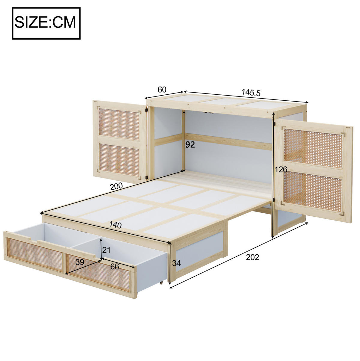KLAPPBETT 140/200 cm in Holzfarbe mit Rattan-Design und Schubladen - Naturfarben, Holzwerkstoff (140/200cm) - Flora Grace