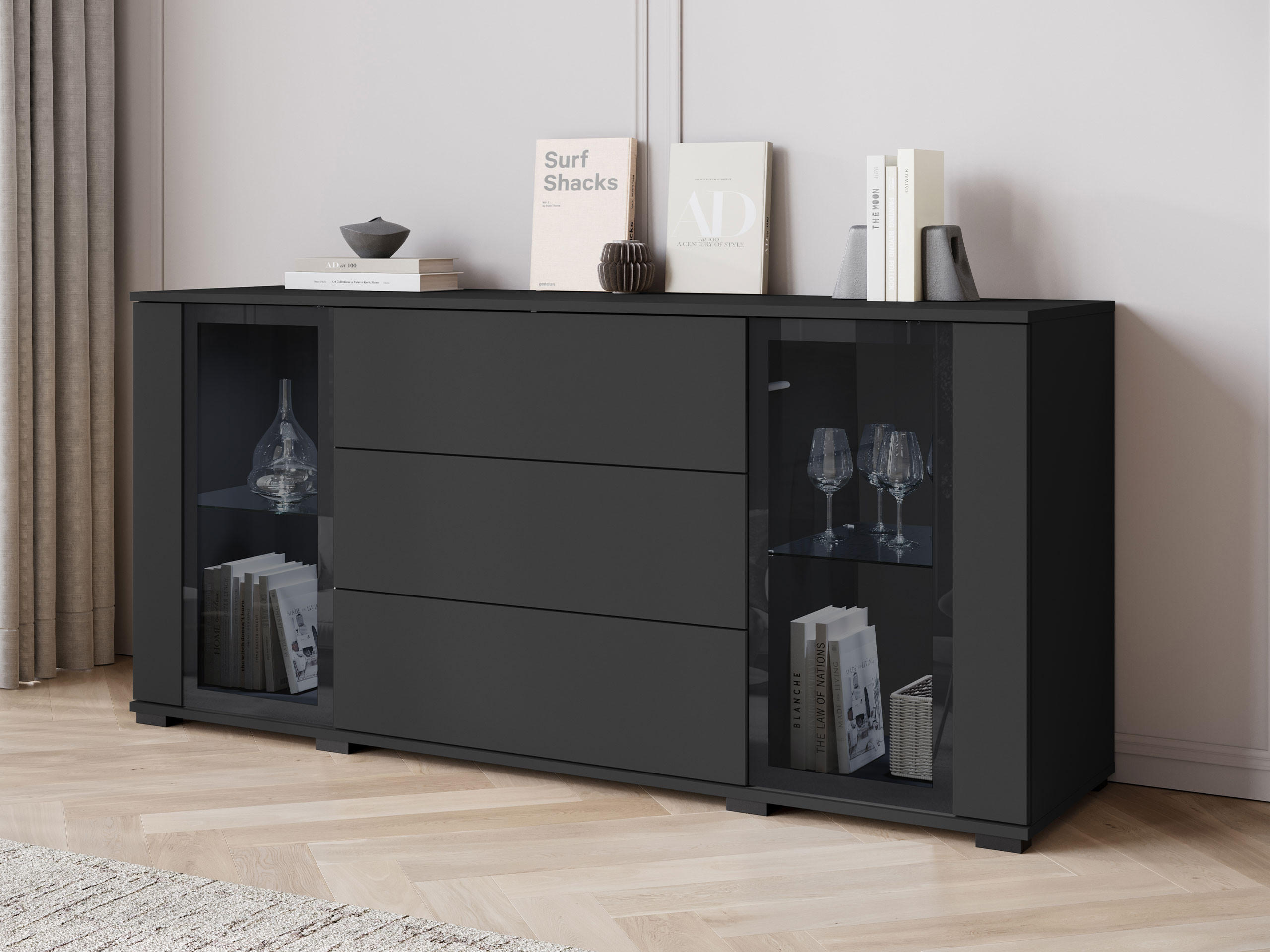 SIDEBOARD Caro SB 150 2D3S - Schwarz, Holzwerkstoff/Kunststoff (150/70/40cm) - MIRJAN24