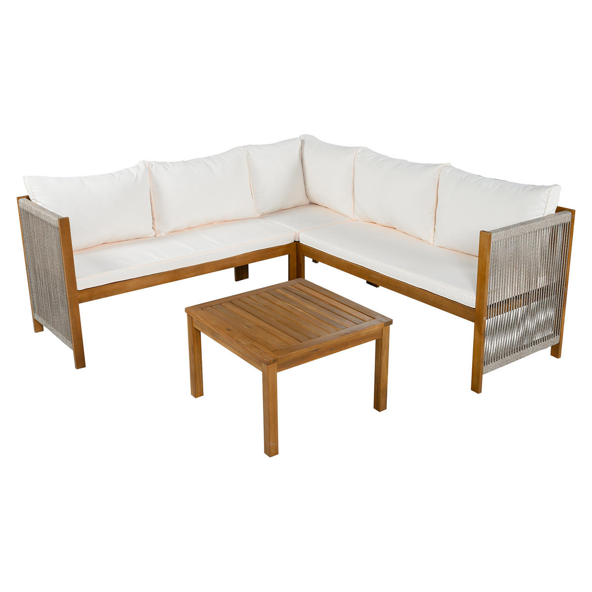 GARTENMÖBEL-SET, Ecksofa + Couchtisch, Akazienrahmen, Beige - Beige, Textil - FLIEKS