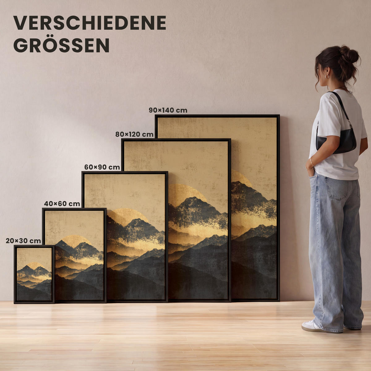 LEINWAND Bilder mit Rahmen - Goldene Berge bei Mondschein - 100x150 - Goldfarben, Textil (100/150cm) - MuchoWow