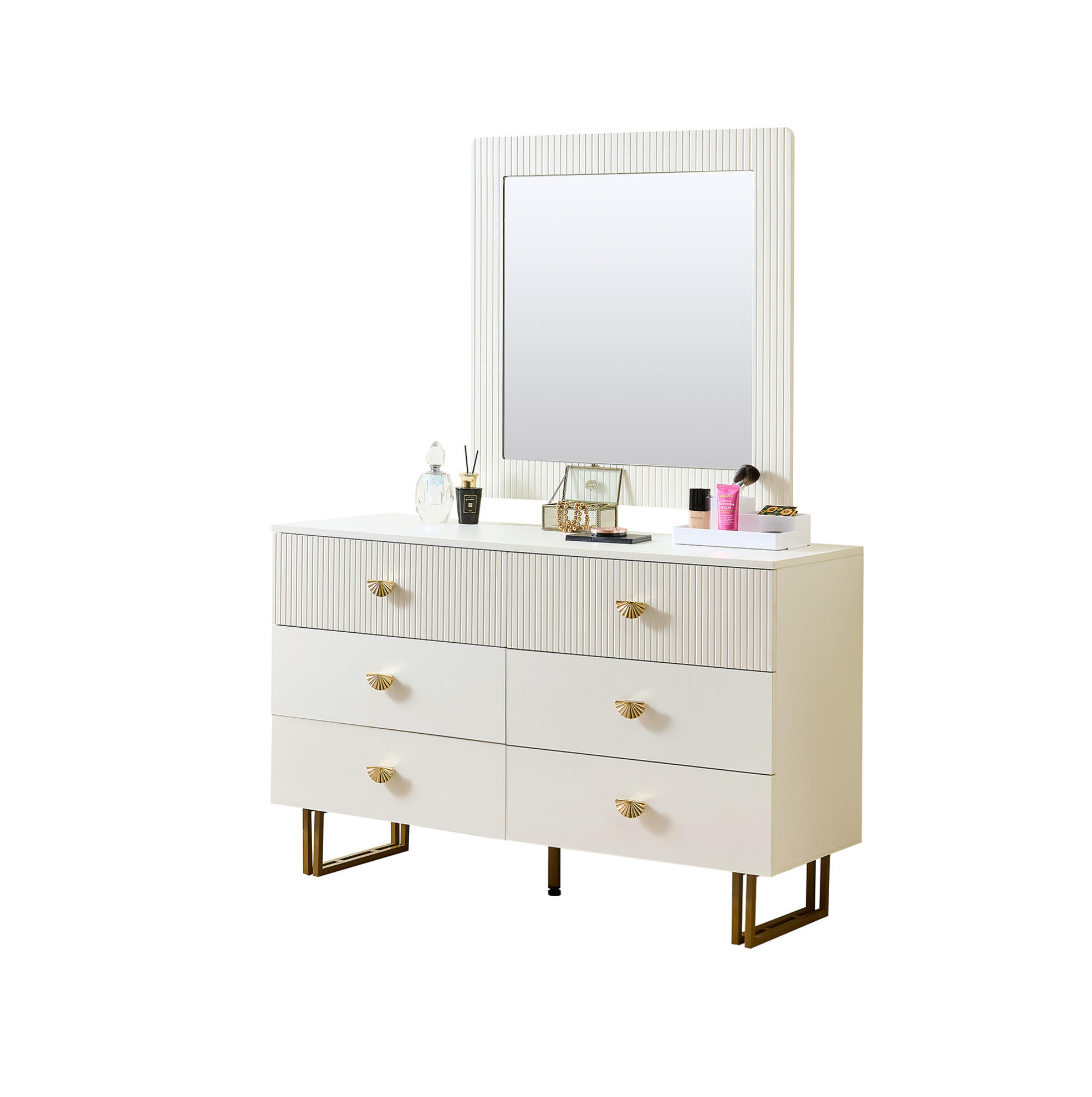 SIDEBOARD- und Spiegel-Set 120/40/75 cm Weiß aus MDF mit 6 Schubladen und Wandspiegel 80/80 cm - Weiß, Holzwerkstoff (120/75/40cm) - OKWISH