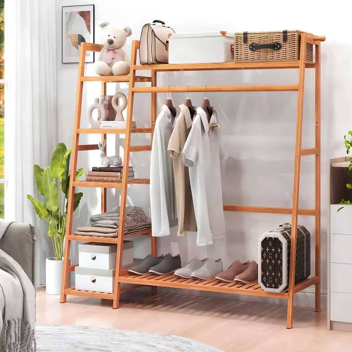 GARDEROBENSTÄNDER 130/40/140 cm 7-Ablagefächer Kleiderstange Haken Freistehend Bambus Braun - Braun, Holz (130/140/40cm) - Livingandhome