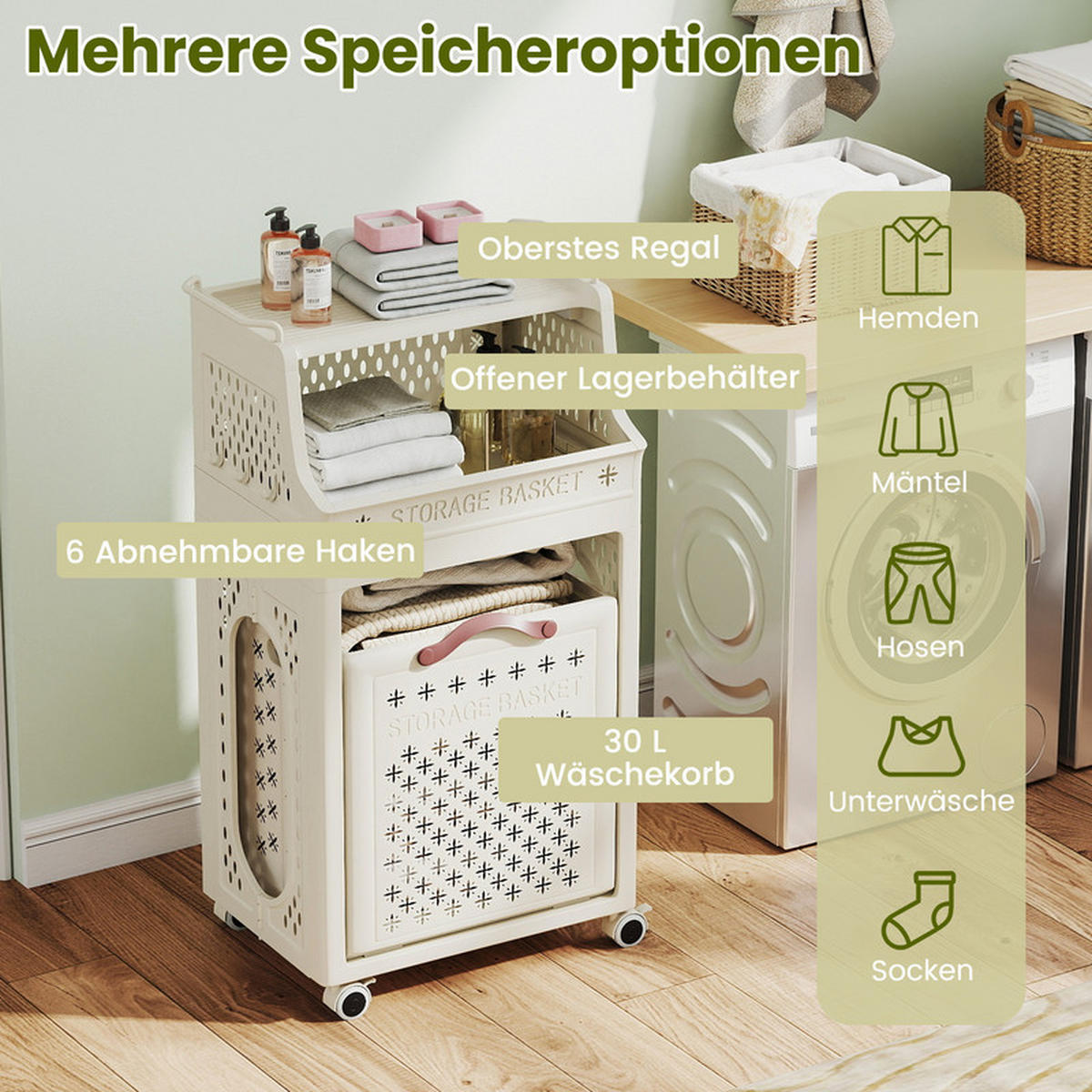WÄSCHEKORBWAGEN Faltbarer beige - Beige, Kunststoff (44/78/29.5cm) - COSTWAY
