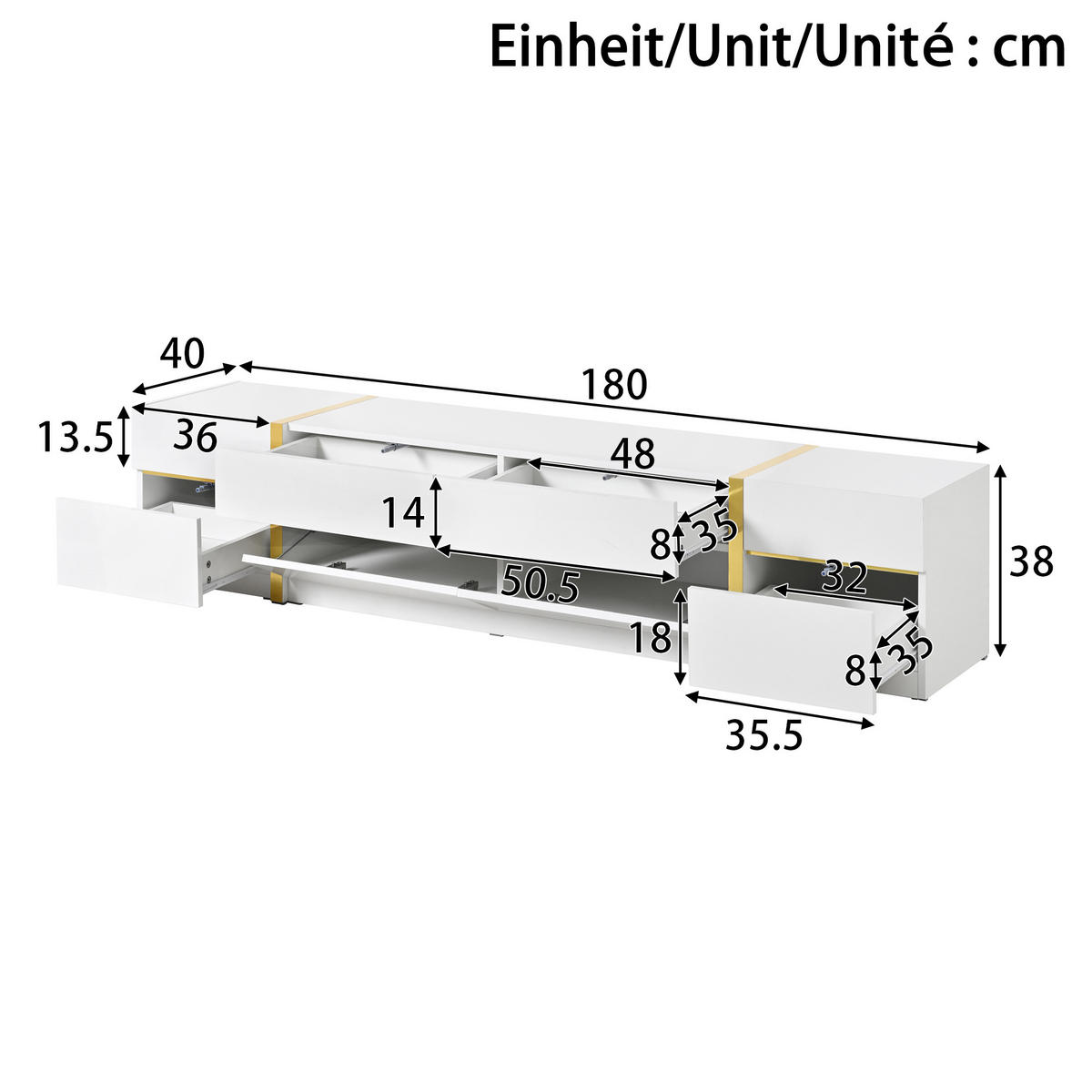TV-SCHRANK Lowboard Hochglanz Goldkante Türen Schubladen - Weiß, Holz (180/38/40cm) - LEBENLANG
