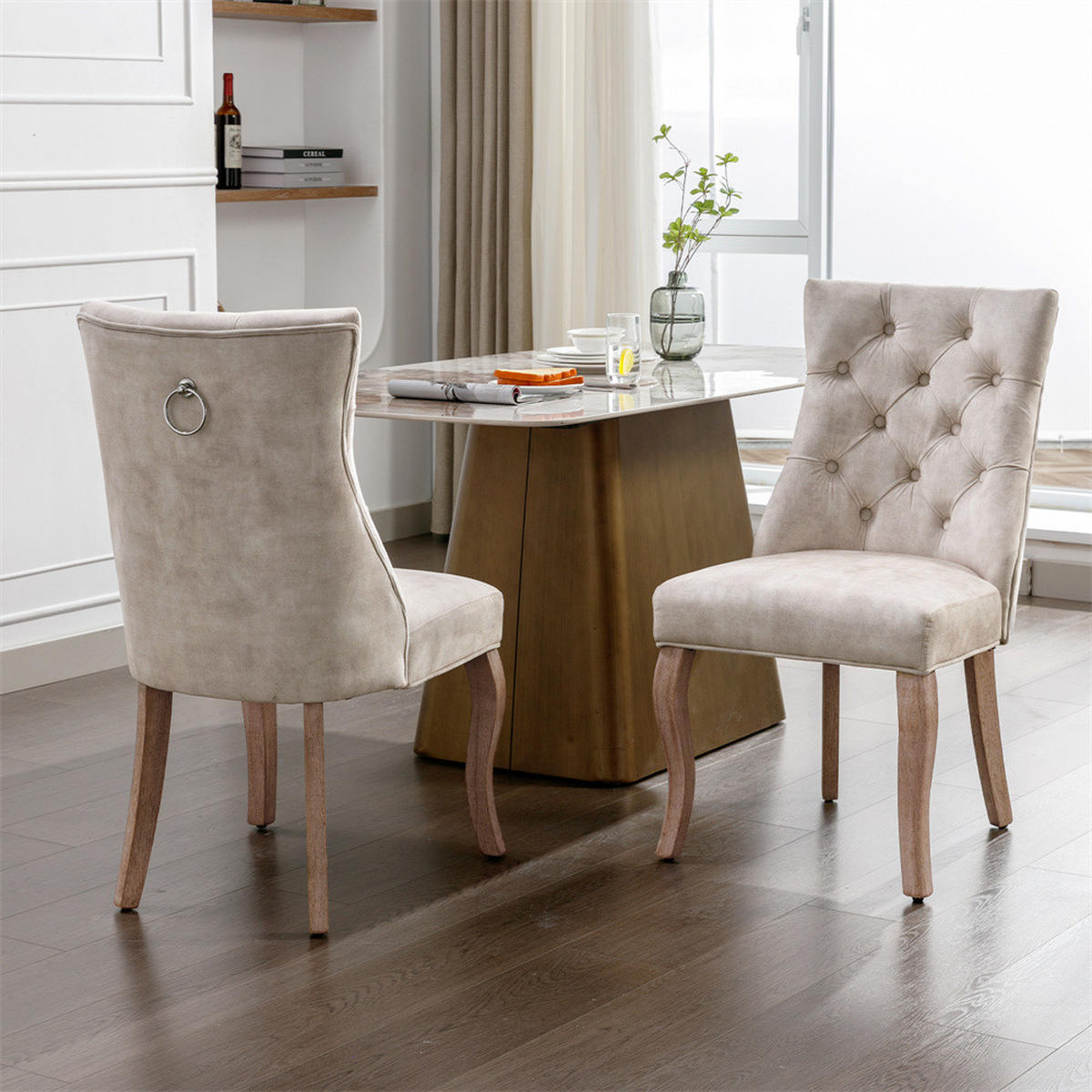 STUHL-SET 2 Stück in Hellbeige Samt - Beige, Holz/Fell (47/97/51cm) - KOMHTOM