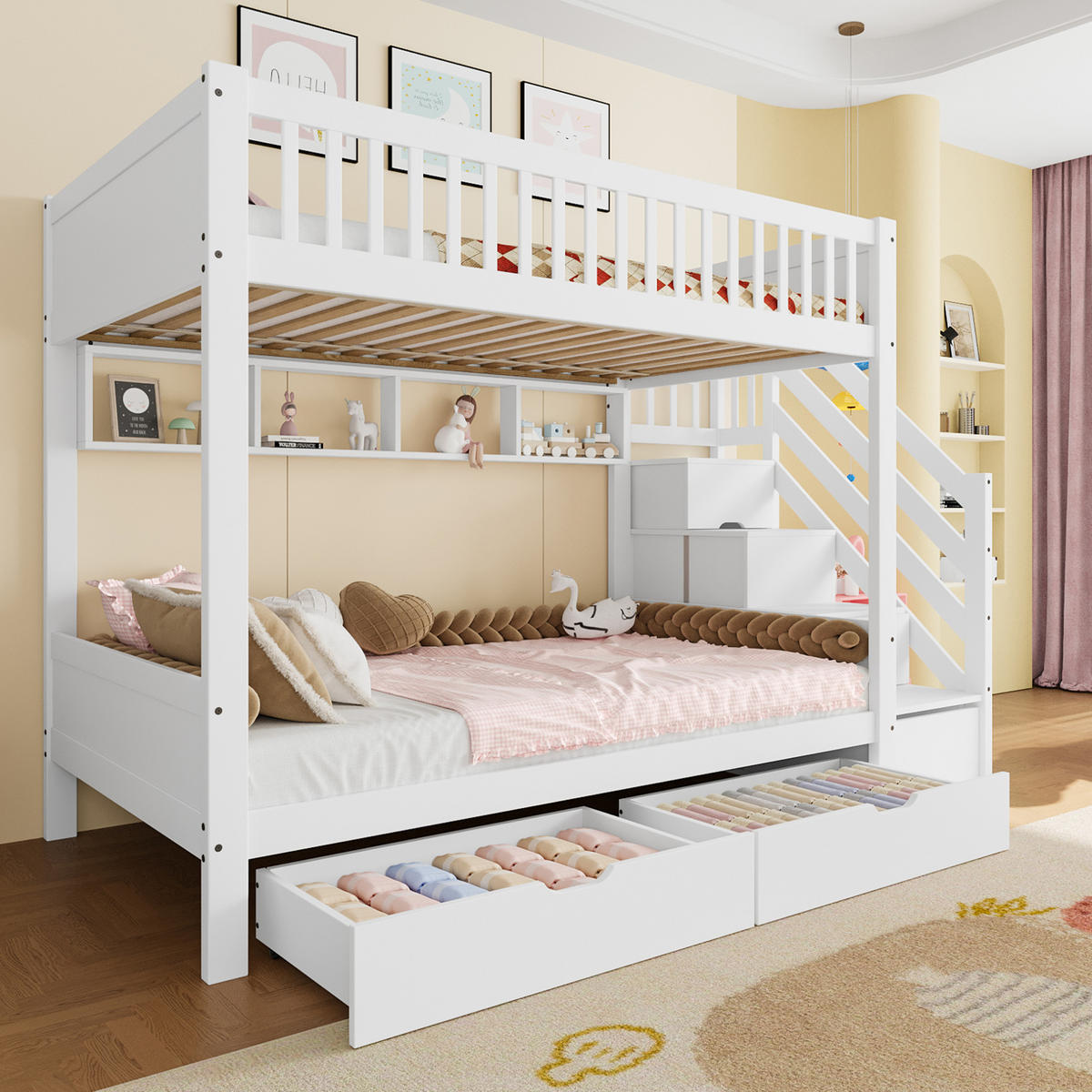 ETAGENBETT 90/200 cm Weiß mit Kleiderschrank und Stauraumtreppe - Weiß, Holz (90/200cm) - Flora Grace