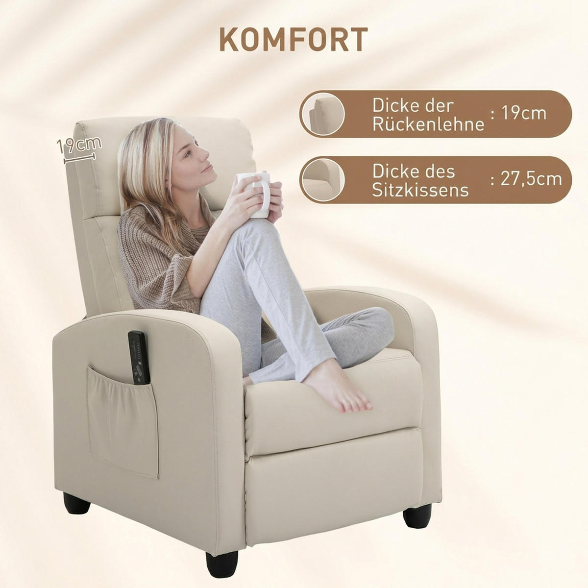 MASSAGESESSEL Kunstleder Schaumstoff Cremeweiß - Creme/Schwarz, Kunststoff (88/98/68cm) - HOMCOM