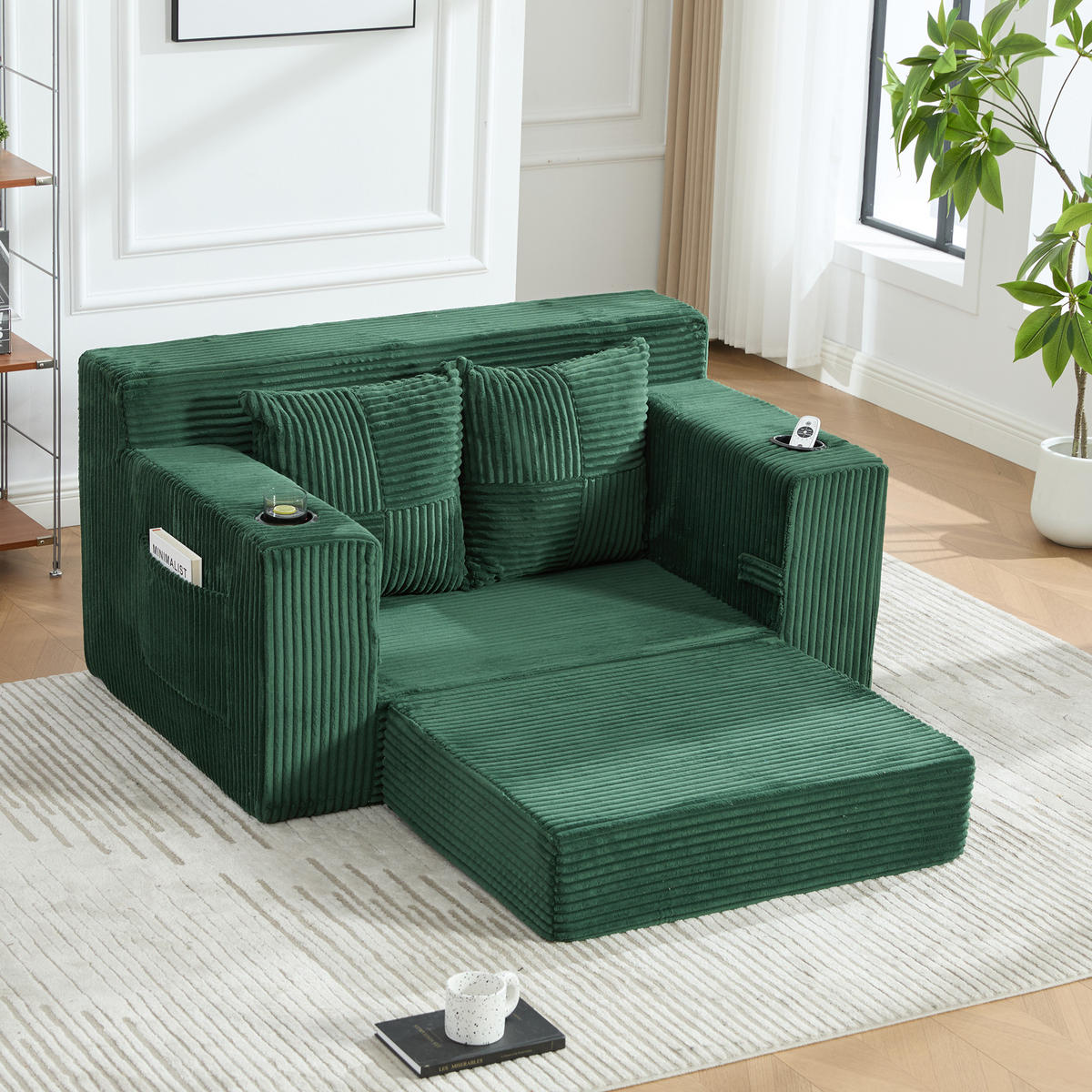 SCHLAFSOFA 2-in-1 mit Hocker, 2 Kissen und Becherhalter, DE-42913, Smaragdgrün - Grün, Textil (133/64/87cm) - ComfortXL