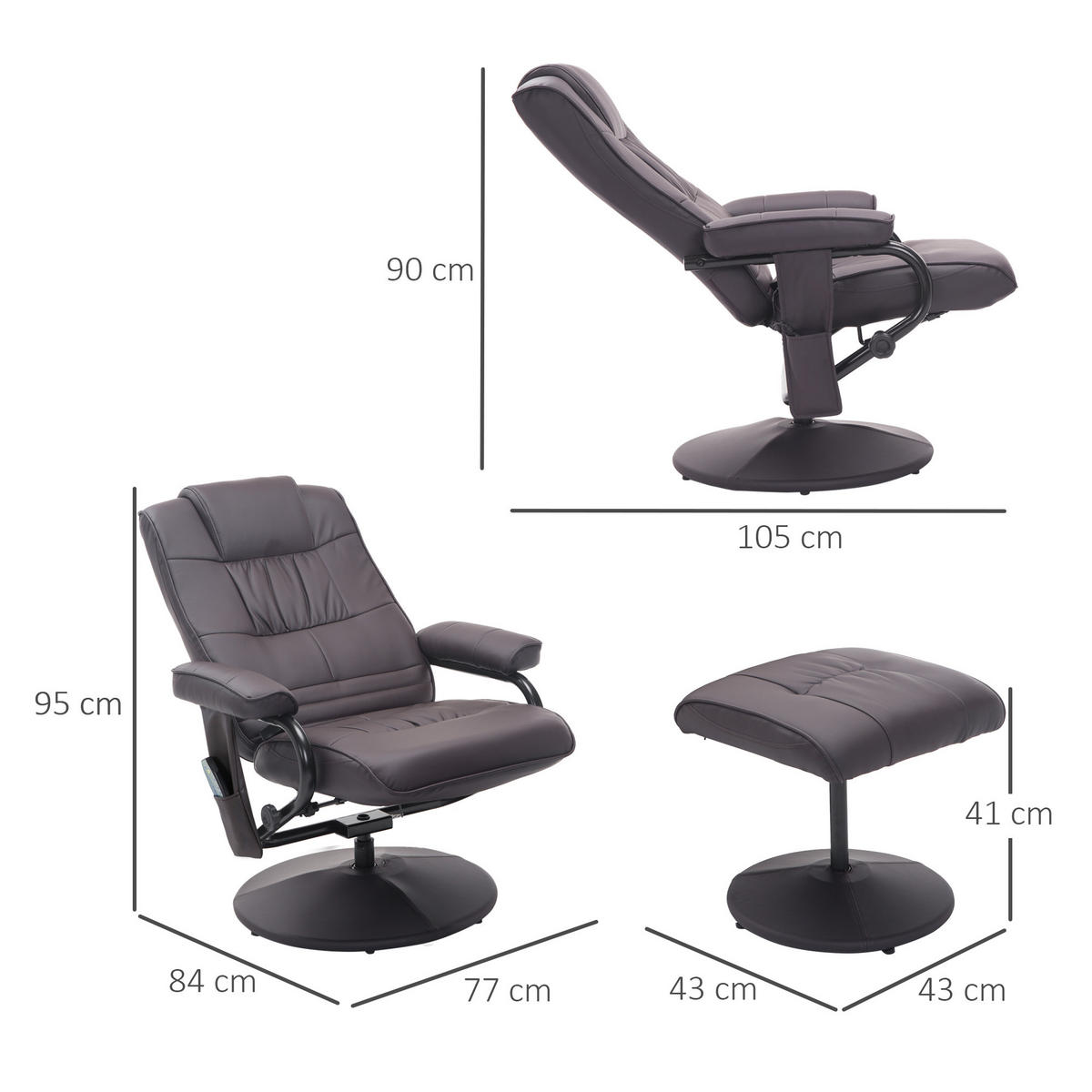 MASSAGESESSEL mit Hocker, Relaxsessel mit Liegefunktion, Massagefunktion, Braun - Schwarz/Braun, Leder/Kunststoff (84/95/77cm) - HOMCOM