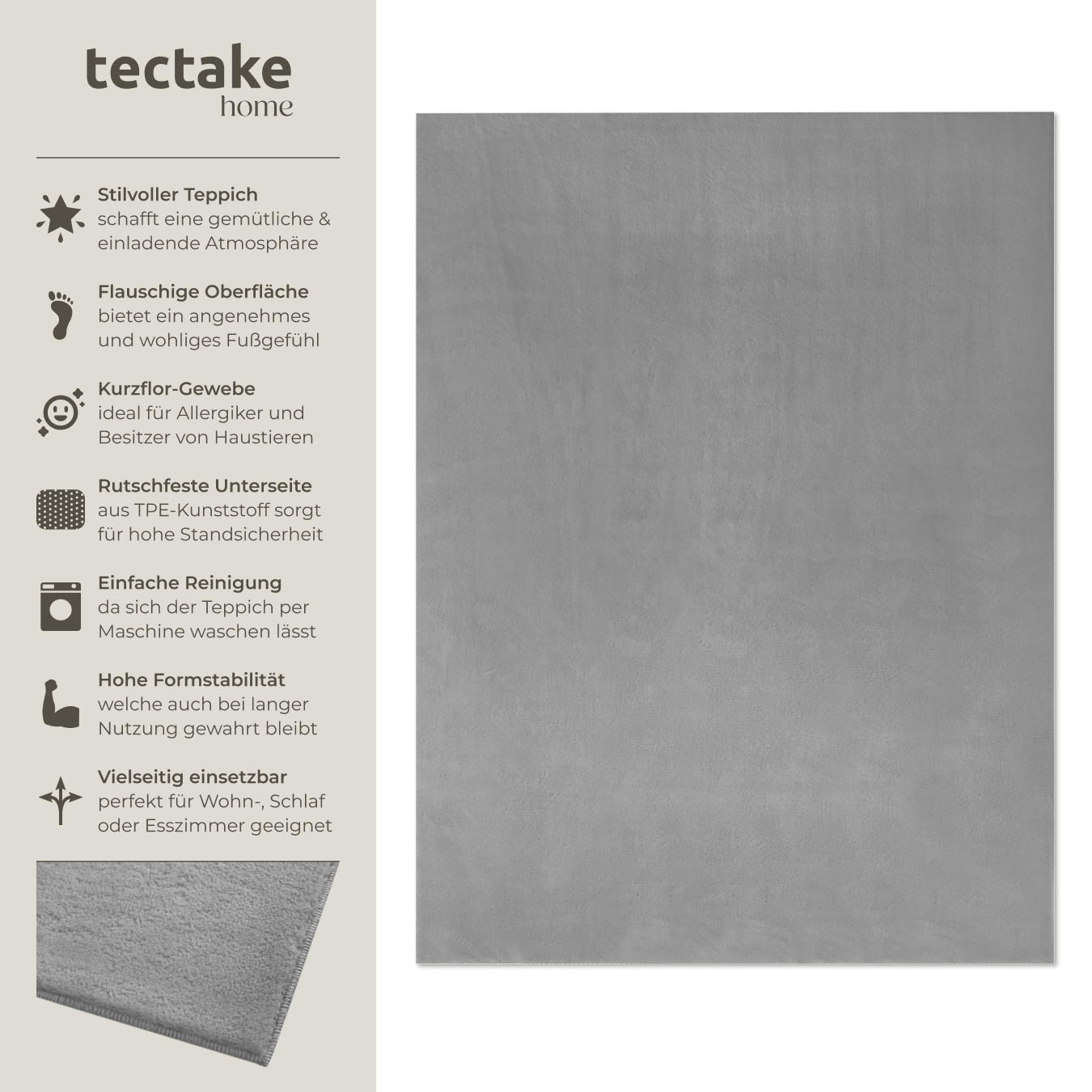 KURZFLORTEPPICH Soft Zone,rutschfeste Unterseite,grau - Grau, Kunststoff (200/140cm) - tectake