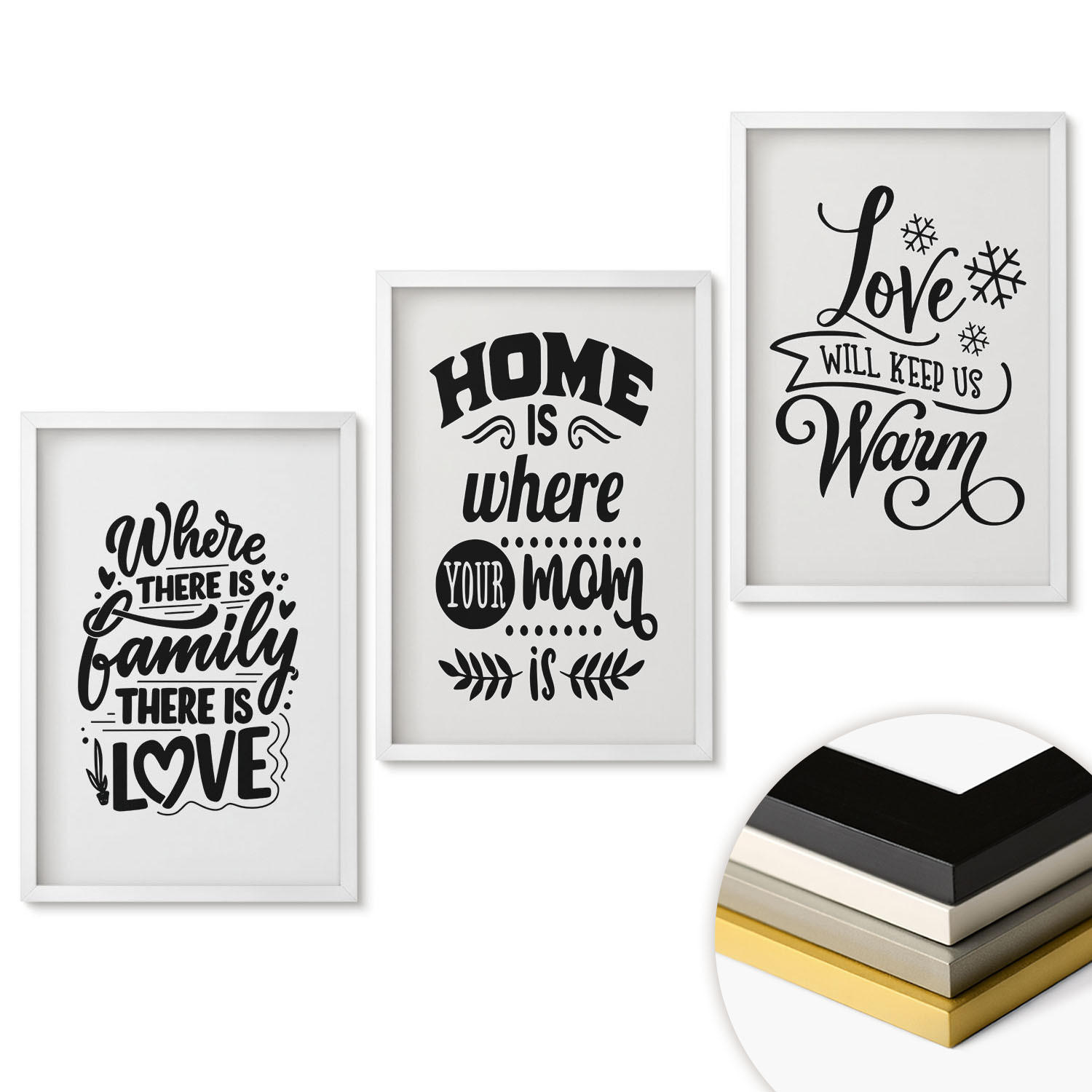 WANDBILDER 3er-Set - 40x60 cm Weißer Rahmen - Familie, Liebe, Zuhause, Wärme - Weiß, Kunststoff (40/60cm) - ArtPrintCave