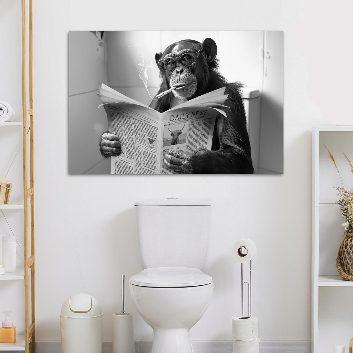 LEINWANDBILD Affe - WC - Zeitung - Schwarz-Weiß - Humor Wohnzimmer 120x80 cm - Hellgrau, Textil (120/80cm) - MuchoWow