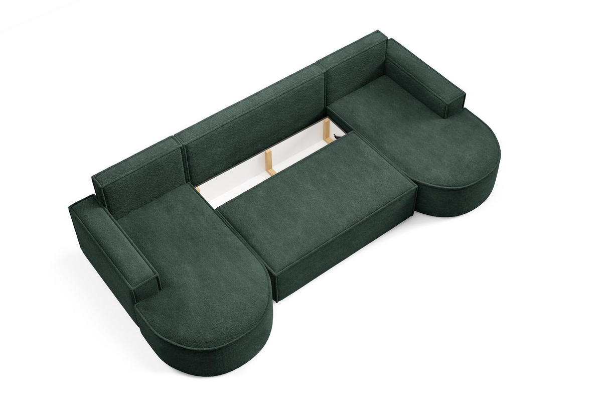 ECKSOFA MOLLY U Freistehendes, mit Schlaffunktion, 140x273cm, Bettkasten und Abnehmbaren Kissen – 316x157x88cm, Abriamo Stoff, Grün - Grün, Holz/Textil (316/157cm) - DomoHome