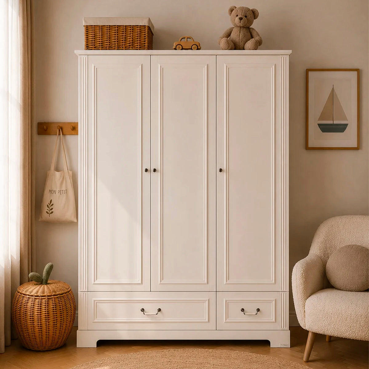BABYKLEIDERSCHRANK 3 Türen Weiß - Weiß, Holzwerkstoff (150/180/51cm) - Petits-meubles