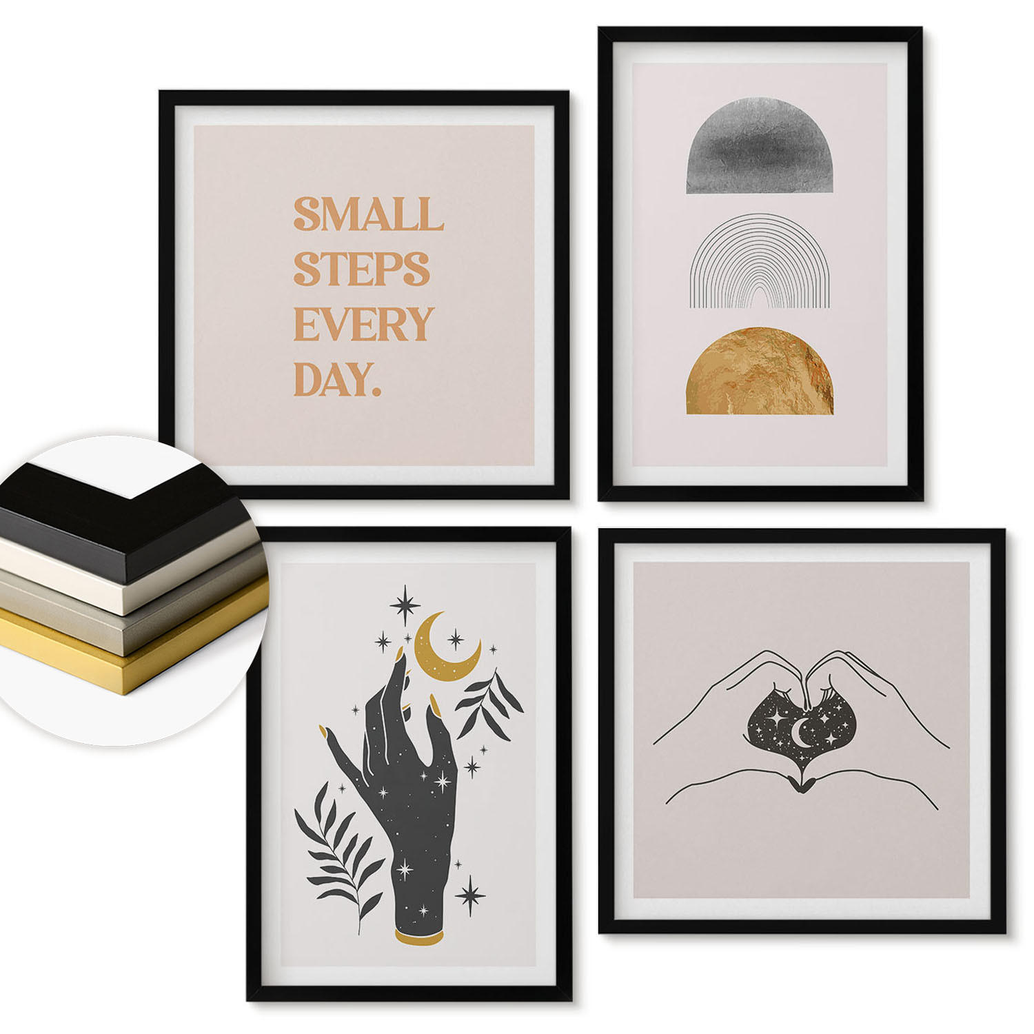 WANDBILDER 4er-Set - 50x50 cm & 40x60 cm Schwarzer Rahmen - Minimalistische Boho-Illustrationen - Schwarz, Kunststoff (50/50cm) - ArtPrintCave