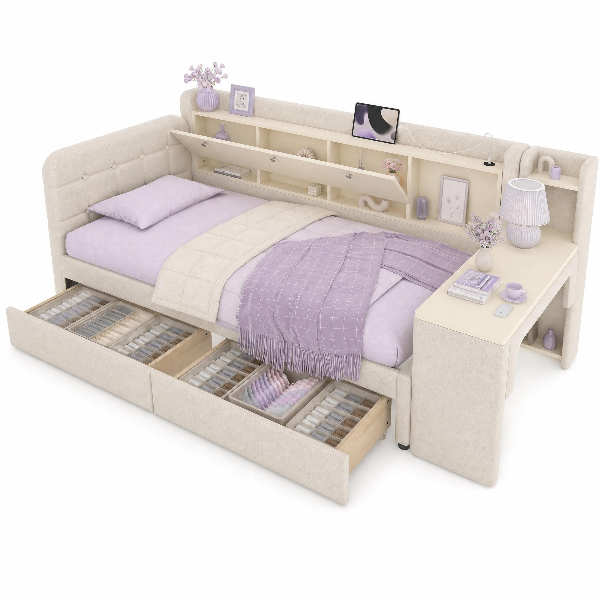 POLSTERBETT 90/200 mit Schreibtisch, 2 Schubladen, USB-C, Ablagefach und Lattenrost in Beige - Beige, Holzwerkstoff/Textil (90/200cm) - EVRYAE