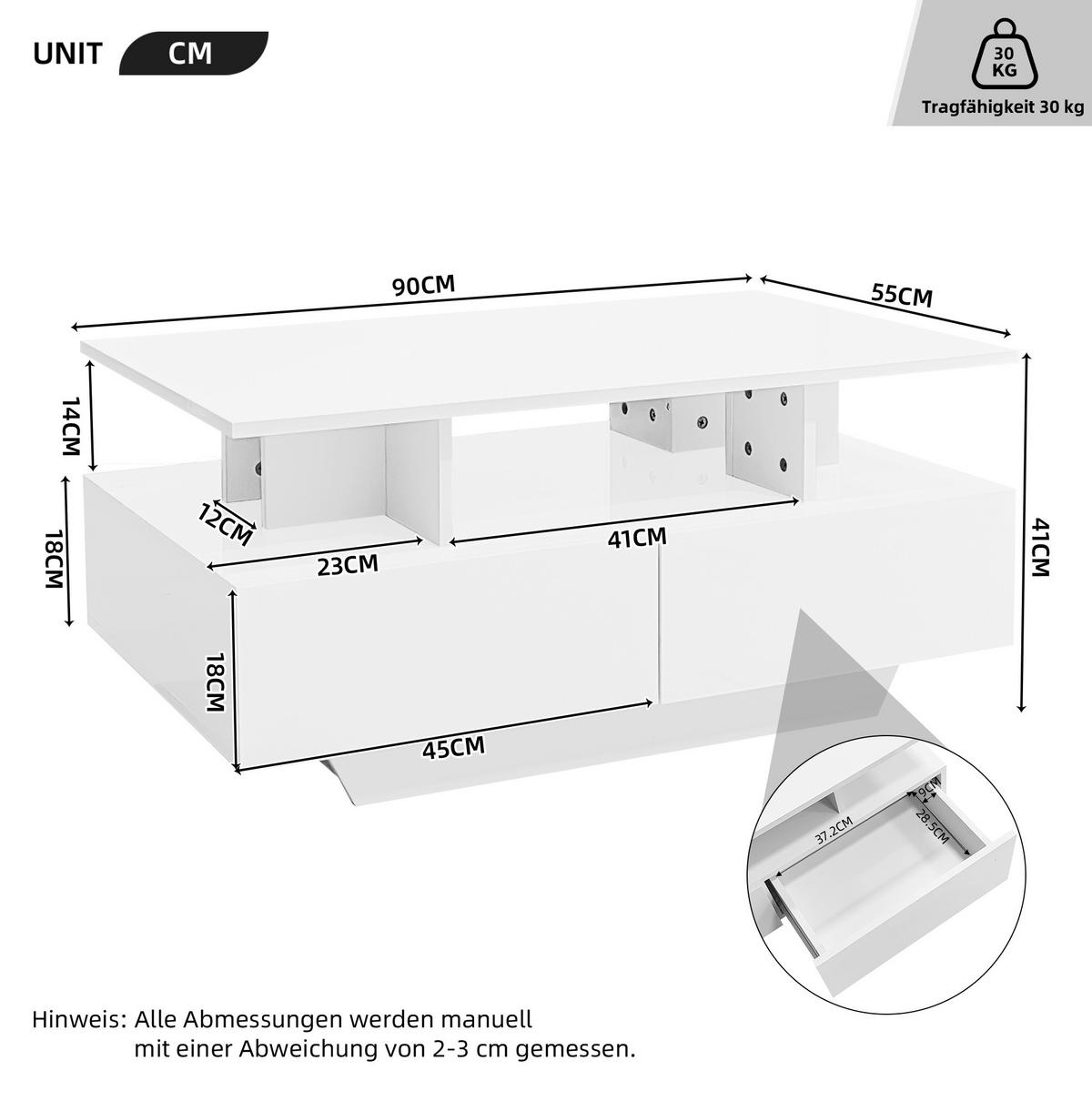 COUCHTISCH aus Spanplatte 90x55x41 cm Weiß mit Hochglanzoberfläche, LED-Beleuchtung und 2 Schubladen - Weiß, Holzwerkstoff (90/55/41cm) - IVMEU
