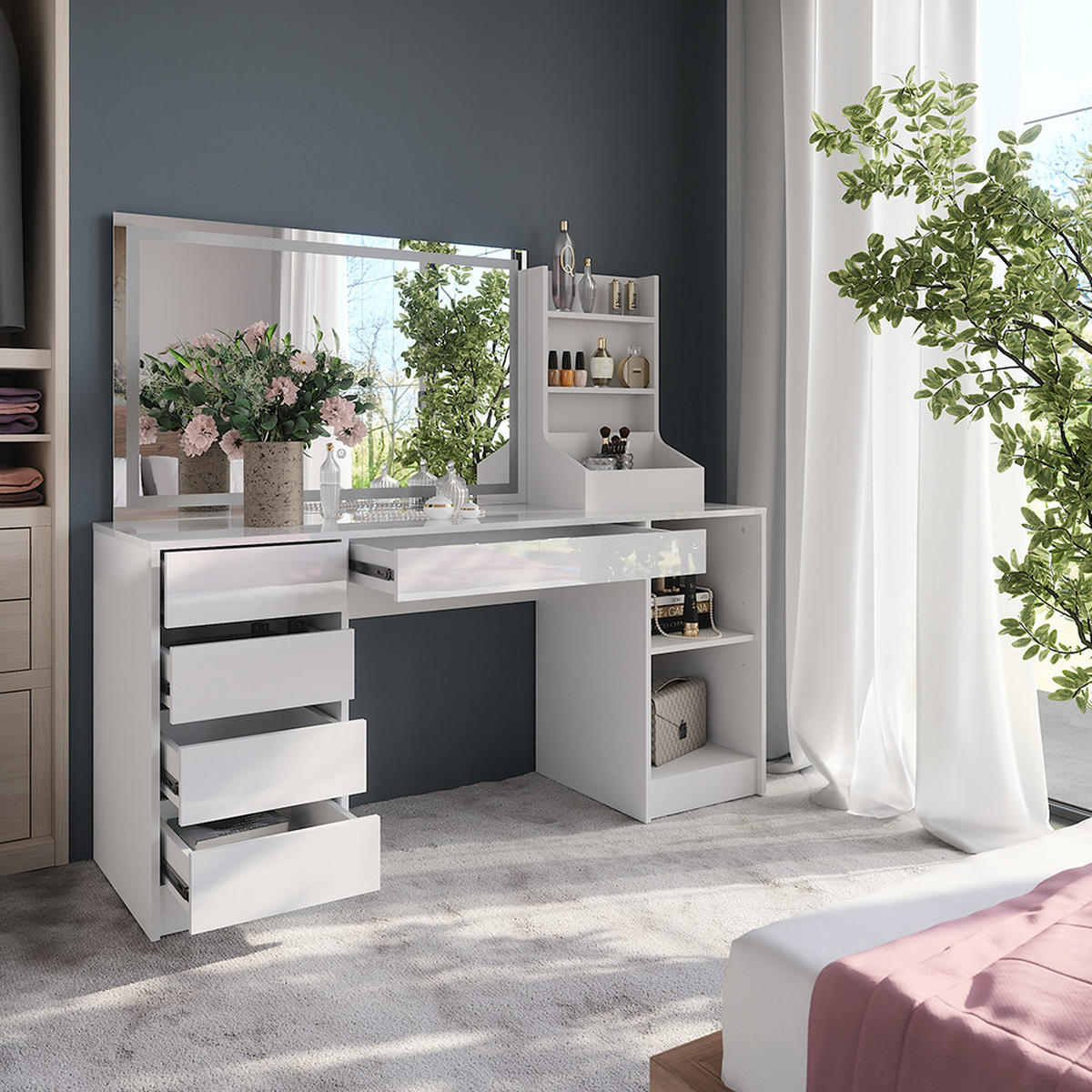 SCHMINKTISCH Sherry Weiß/Weiß Hochglanz 158.2 cm 3 Teile - Weiß Hochglanz, Holzwerkstoff (158.2/76/50.1cm) - Vicco