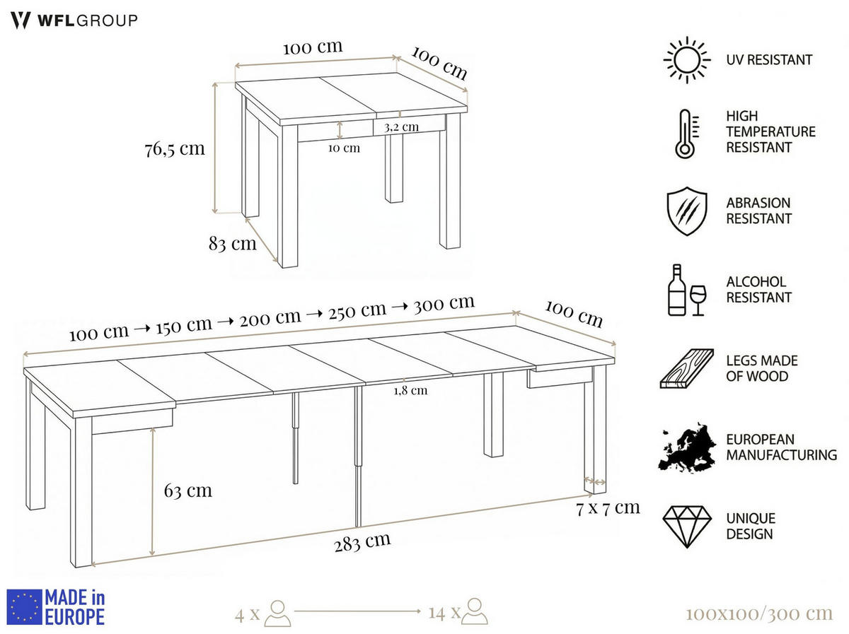 ESSTISCH Toren Weiß ausziehbar verlängerbar quadratisch, Kaschmir 100-300/100/76.5 cm - Kaschmir/Weiß, Holz/Holzwerkstoff (100/100/77cm) - WFL GROUP