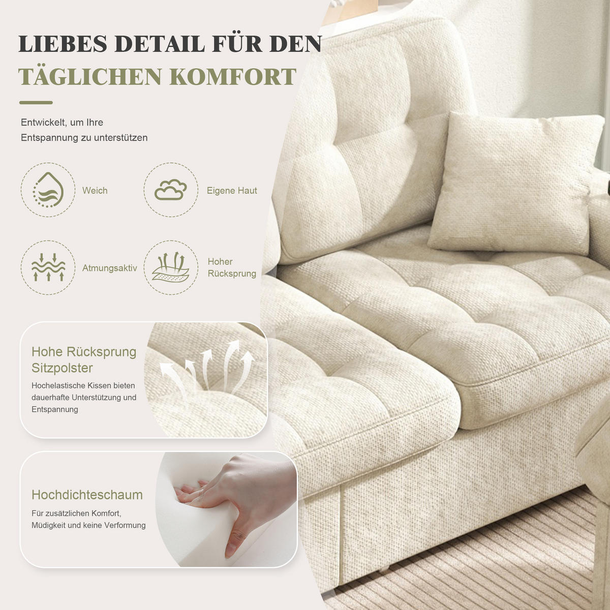 BIGSOFA mit Stauraum-Hocker, USB-C, LED, Becherhaltern und Schubladen aus Chenille - Beige, Textil (194.5/83/133cm) - EVRYAE