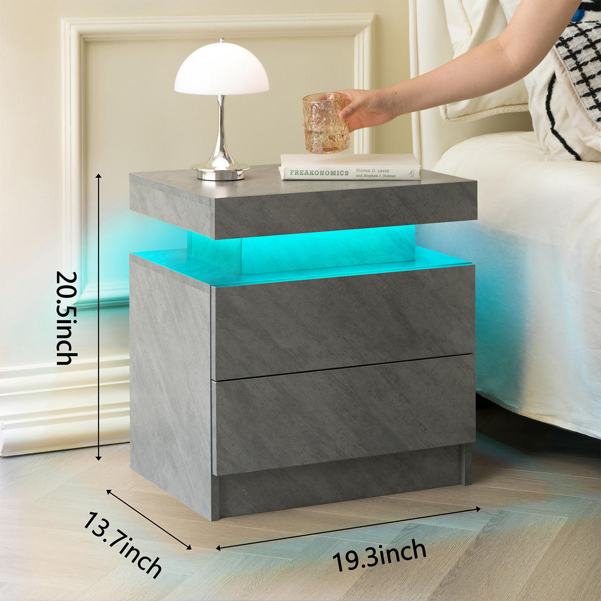 NACHTKOMMODE 50/53/36 cm dunkelgrau aus Holzwerkstoff mit LED-Beleuchtung und 2 Schubladen - Grau, Holzwerkstoff (53/36/50cm) - OKWISH