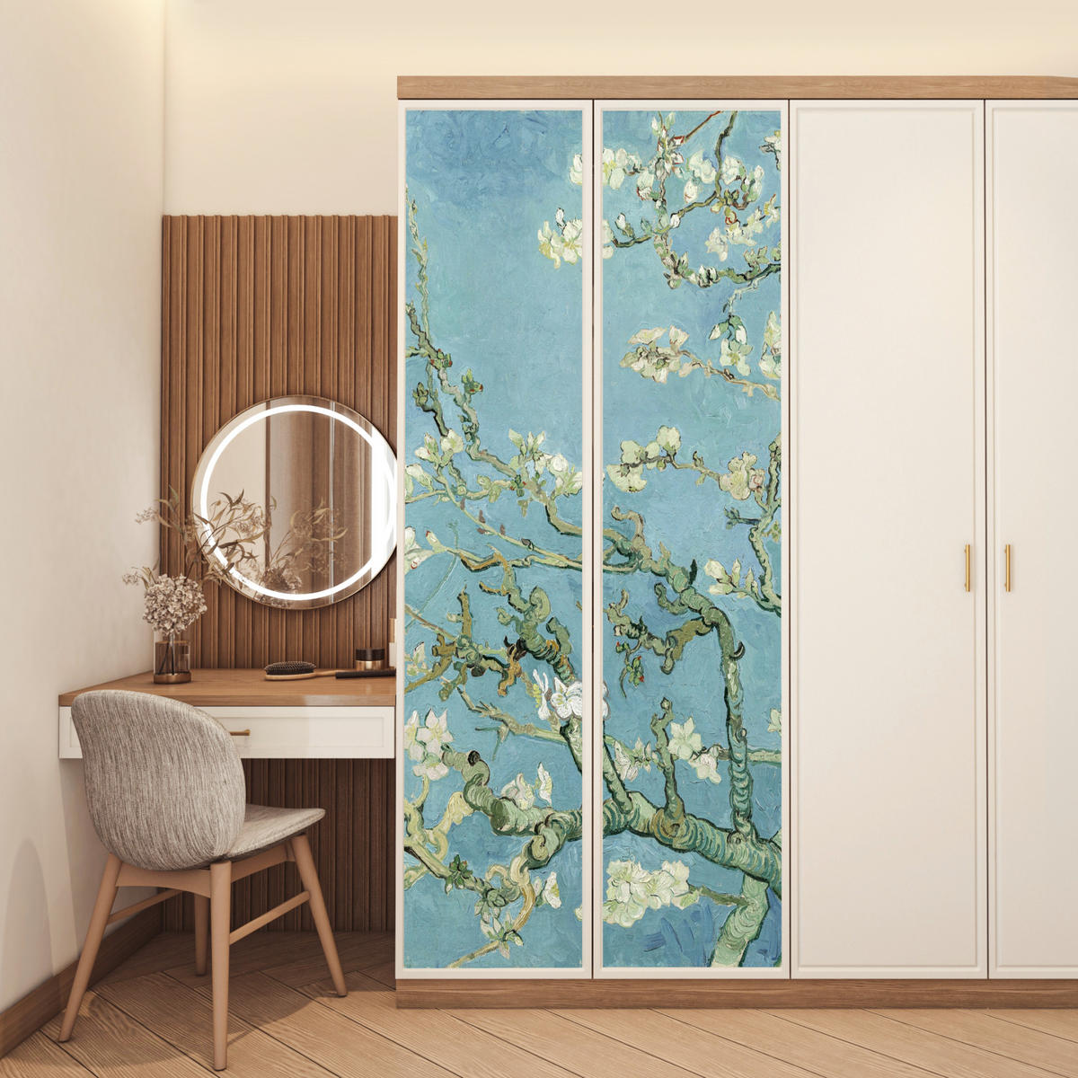 TÜRAUFKLEBER Selbstklebend - Mandelblüte - Van Gogh - Kunst 95x235 cm - Türtapete - Pastellblau, Kunststoff (95/0.1cm) - MuchoWow