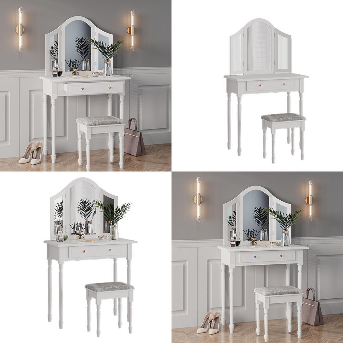 SCHMINKTISCH Kate Weiß 80 cm mit Hocker - Weiß, Holzwerkstoff (80/133.5/40cm) - Vicco