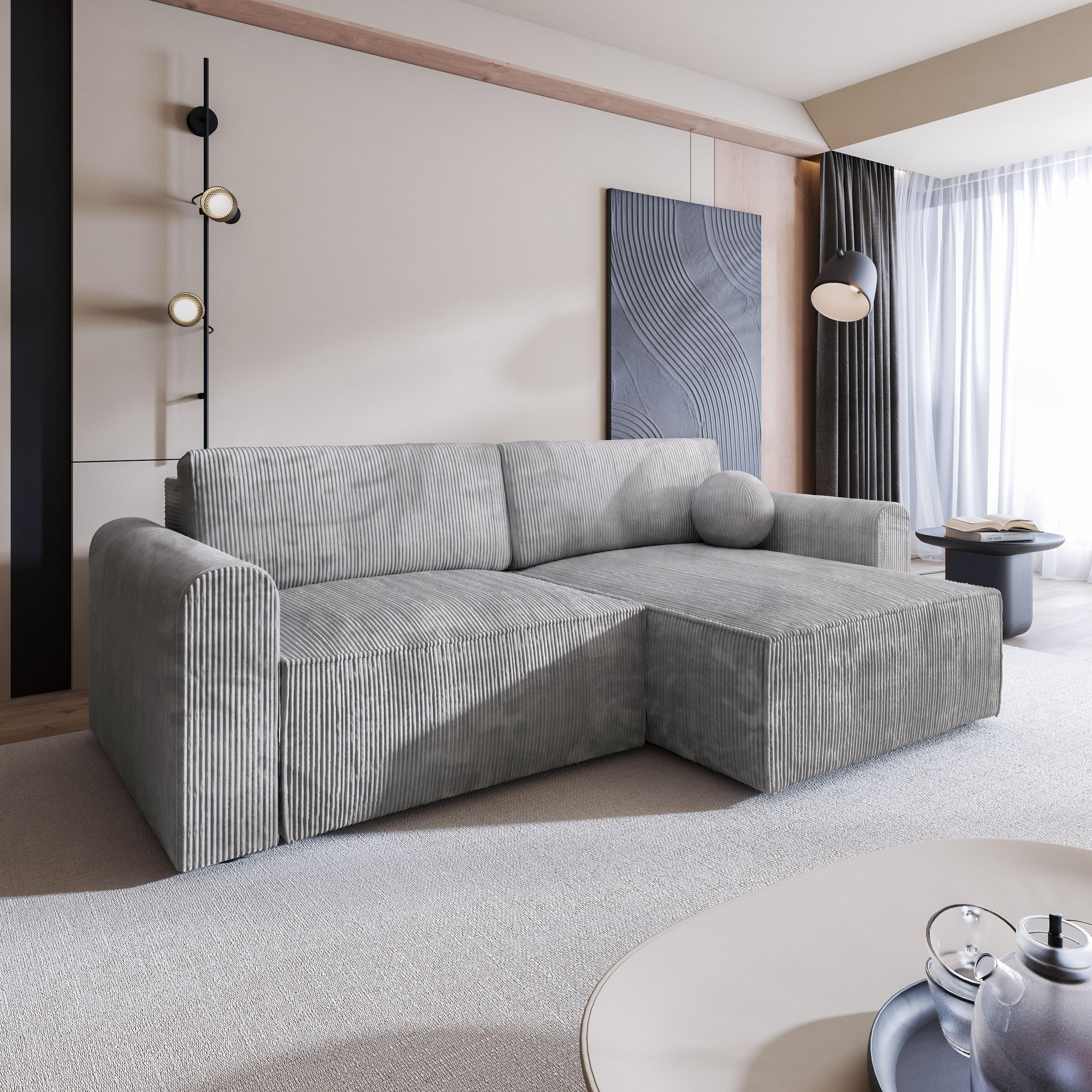 ECKSOFA FIANO P Hellgrau Kordstoff mit Schlaffunktion - Hellgrau, Holz (245/148cm) - MASSENO