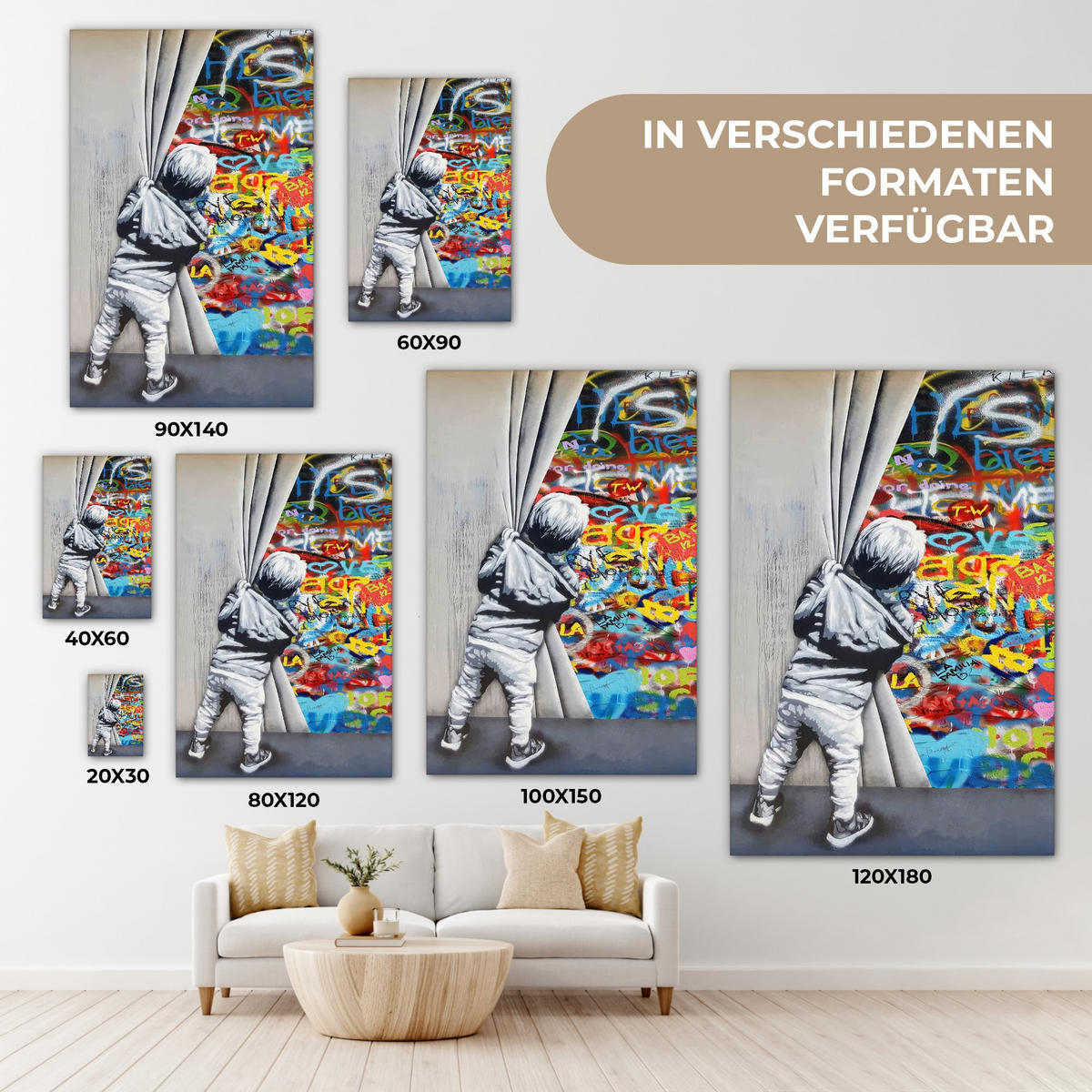 LEINWANDBILD Graffiti - Junge - Ilussie - Straßenkunst 90x140 cm - Hellgrau, Textil (90/140cm) - MuchoWow