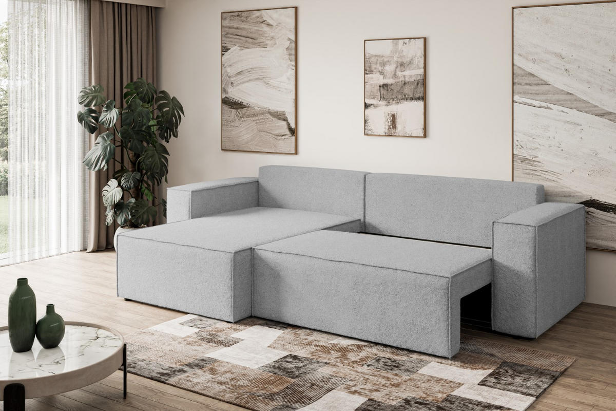 ECKSOFA mit Schlaffunktion und Bettkasten CELTIC-XL - 277x143x83 cm Hellgrau Bouclé - Hellgrau/Schwarz, Holzwerkstoff/Kunststoff (277/143cm) - ALTDECOR