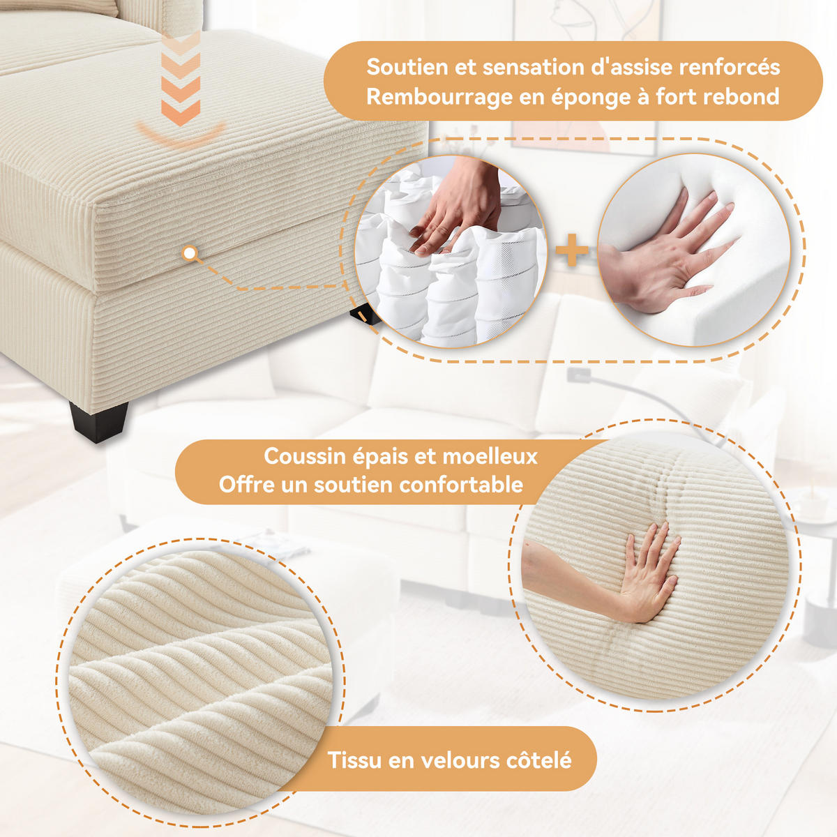 ECKSOFA 213.5x139x87 aus Cord mit USB-Ladegerät und Armlehnenablage, beige - Beige, Textil (139/213.5cm) - Luhomfu