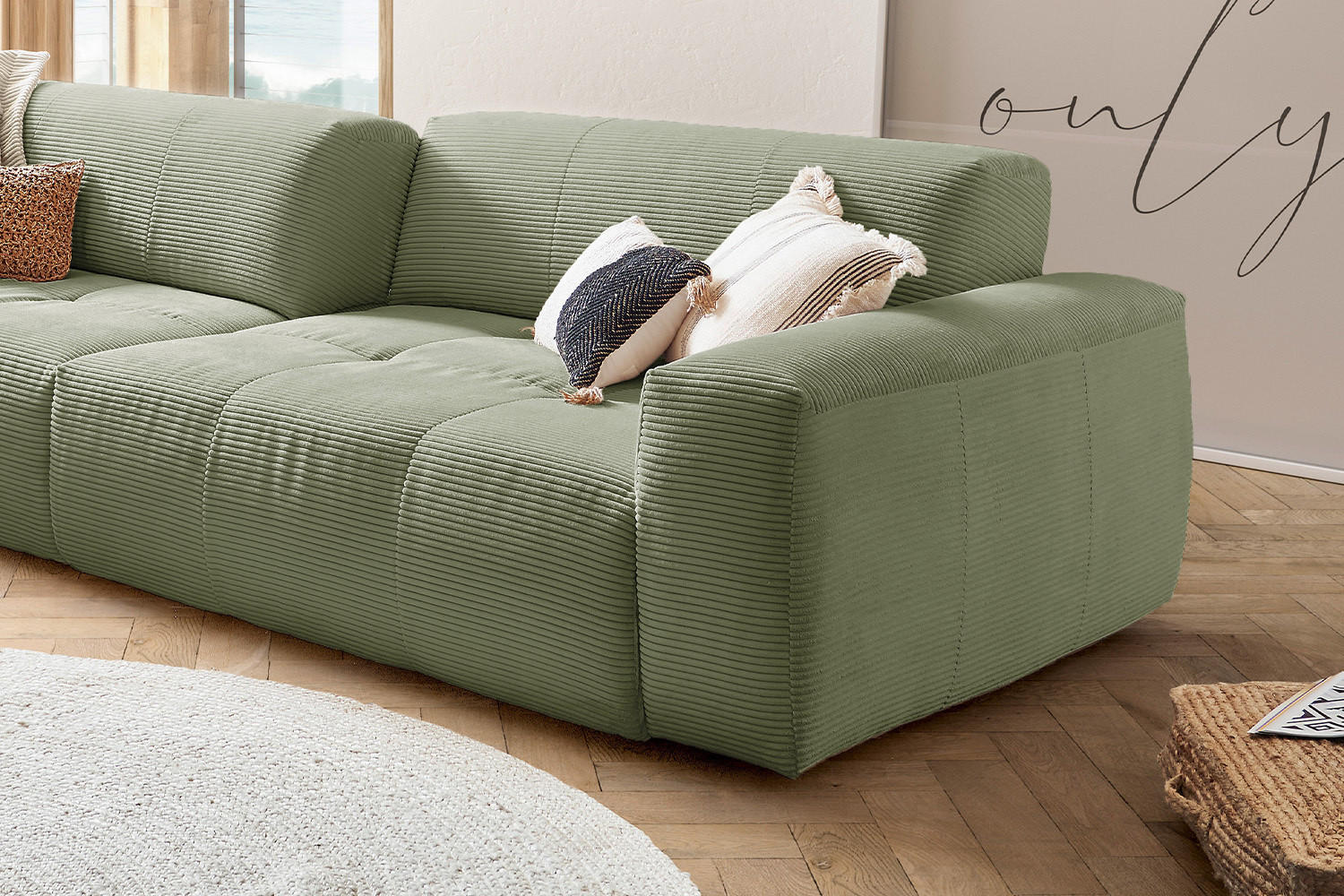 SOFA MIT SITZTIEFENVERSTELLUNG PALACE Grün Cord - Schwarz/Grün, Kunststoff/Textil (298/74/120cm) - KAWOLA