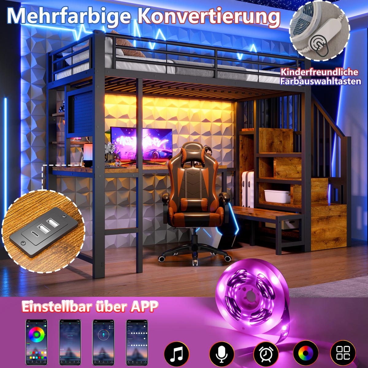 HOCHBETT 90/200 cm Schwarz mit Schreibtisch, trapezförmiger Schrank und LED-Beleuchtung - Schwarz, Metall (90/200cm) - Oxeza