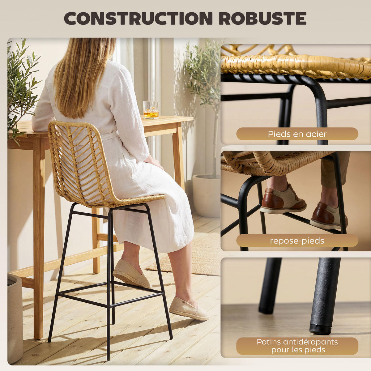 BARHOCKER 2er-Set DE-14715 Boho-Design mit PE-Rattan & Fußstütze Natur - Gelb, Metall (52/102/42.5cm) - ComfortXL